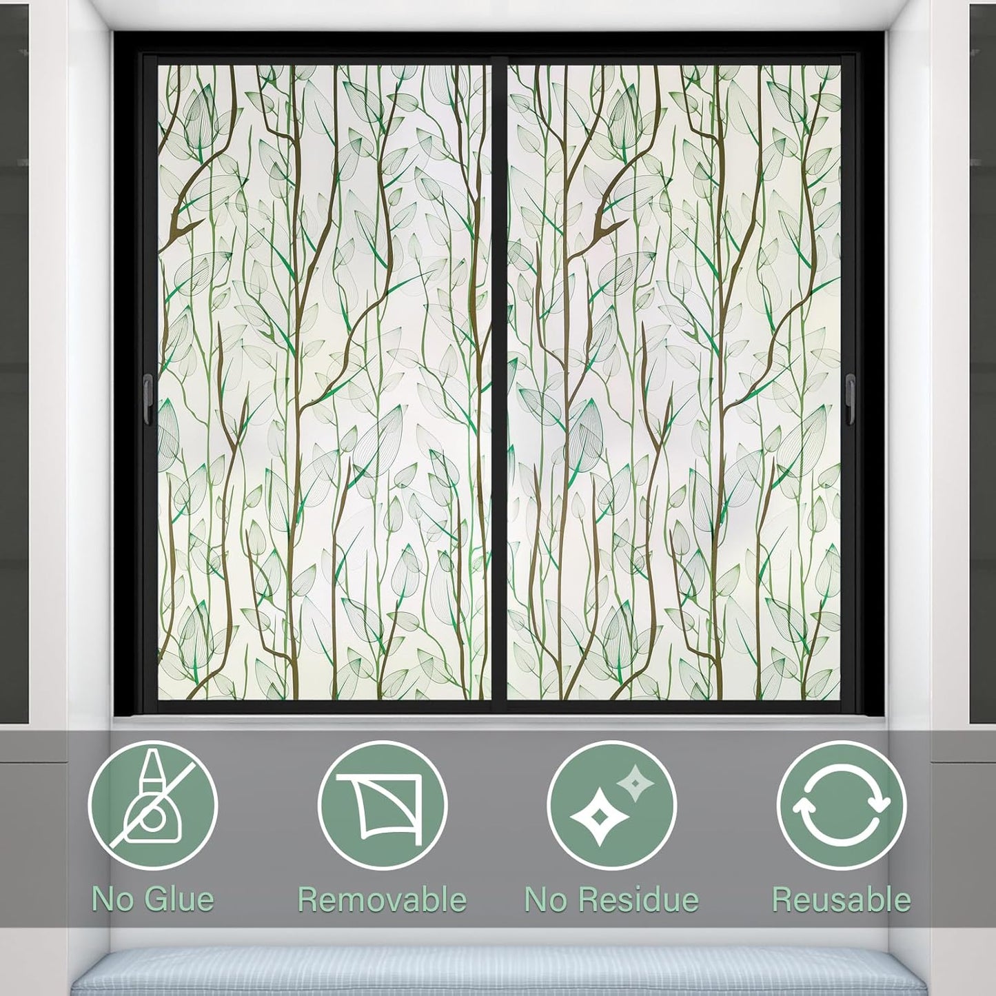 Donox Frosted Glass Window Film Heat Control UV Blocking, Static Cling Reusable Home Bathroom Door Window Privacy Film, Green Leaf Pattern Window Covering with Installation Tool, 23.6 in x 6.5 feet
