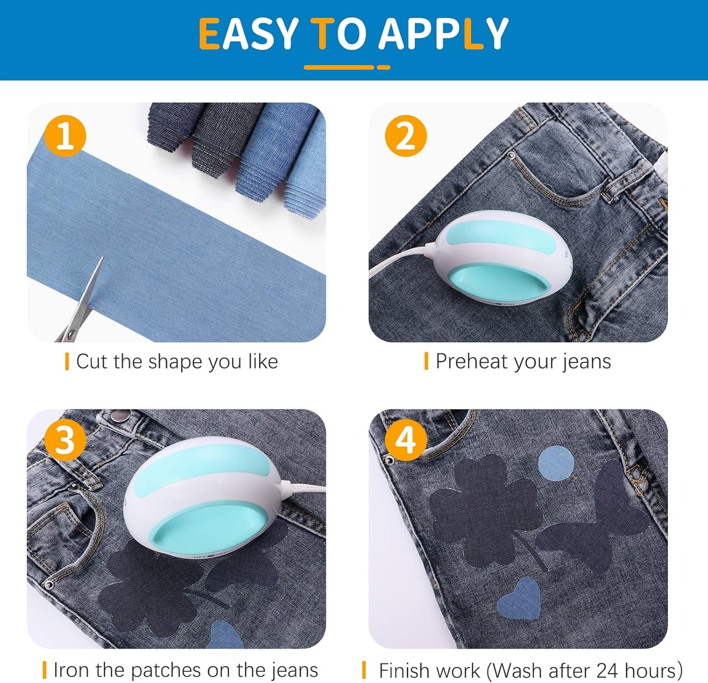HTVRONT Iron on Patches for Clothing Repair 4 Rolls - Denim Patches for Jeans Kit 4" by 20", 4 Rolls of Iron On Denim Patches for Jeans Inside & Clothing Repair (Black)