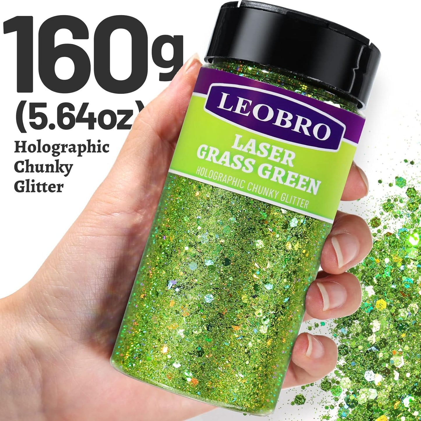 LEOBRO Green Glitter, 160g/5.64oz Light Green Chunky Glitter for Crafts, Resin, Body Nail, DIY Decorations