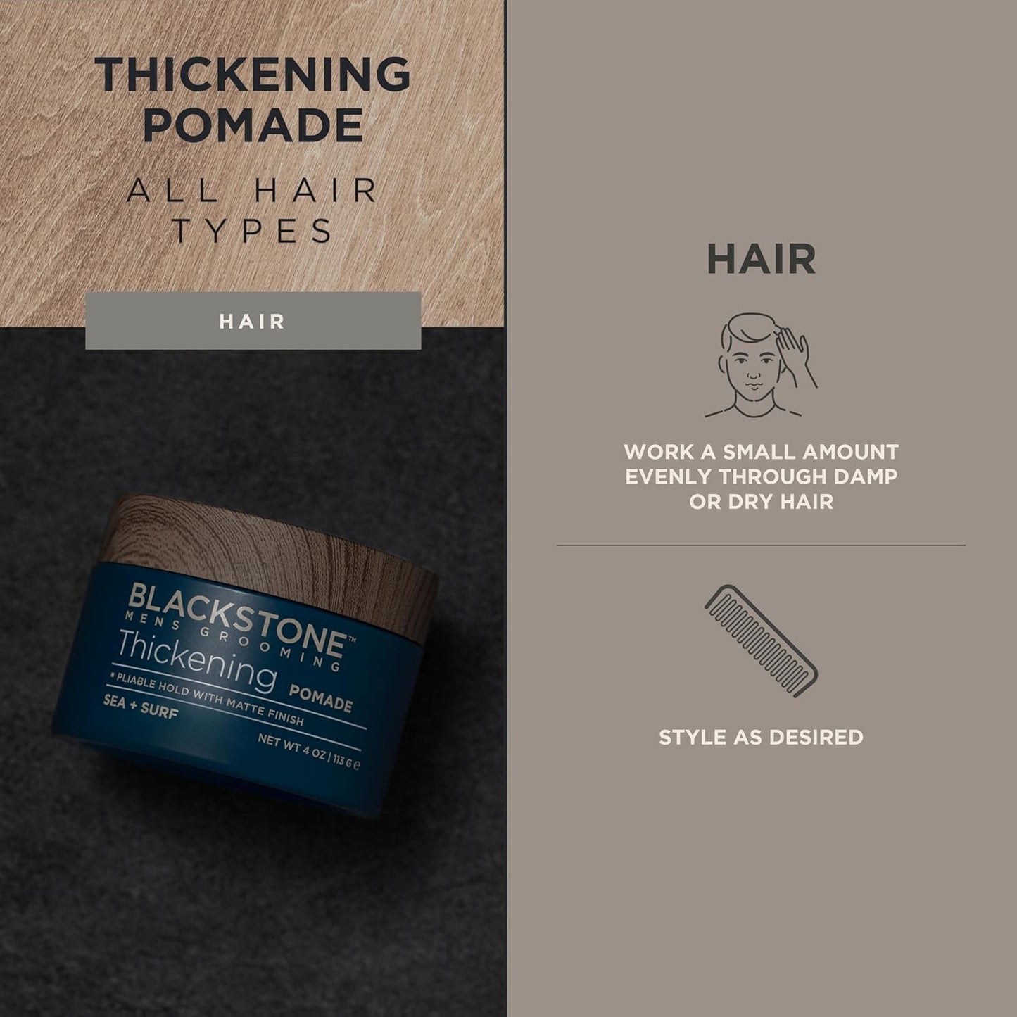 Blackstone Men's Grooming Hair Thickening Pomade - Pliable Hold with Matte Finish | Paraben & Cruelty-Free | Made in USA, Sea + Surf Scent (4 Oz, 2 Pack)