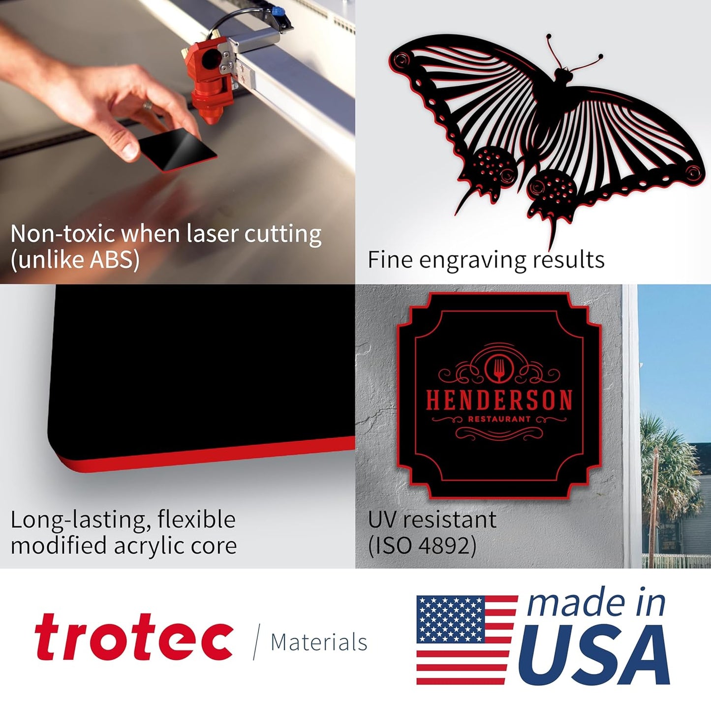 Trotec TroLase | 12"x20"x1/16", 4 Pcs | Black/Red | 2 Ply | Modified Acrylic | Laser Engraving Double Color Plastic Sheet | Engraving Blanks for Laser, Saw, Guillotine | Made in USA