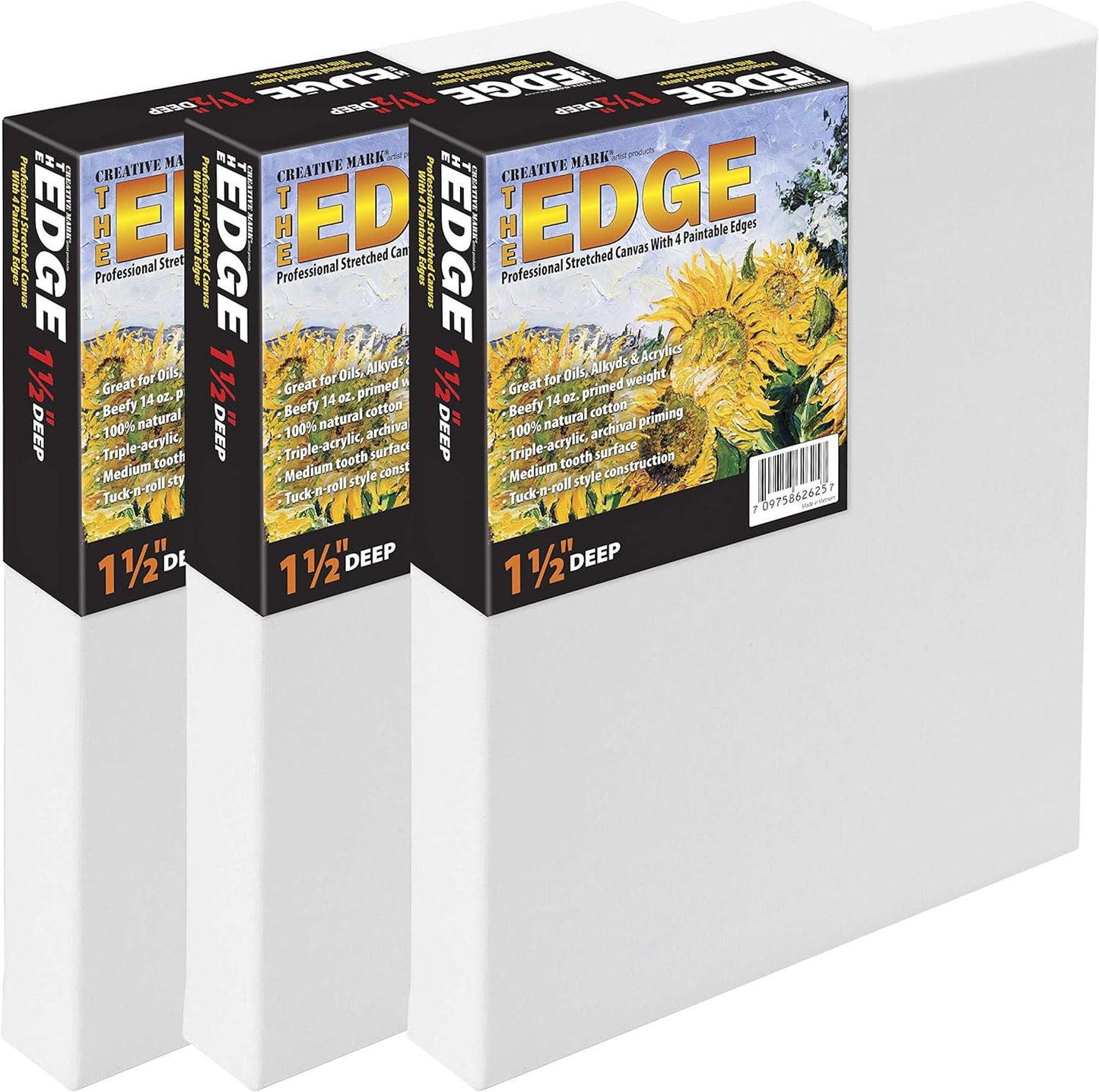 Creative Mark The Edge Deluxe Cotton 1-1/2" Deep Stretched Canvas for Painting, 30x40 Pack of 3, 14oz. Primed Weight, Universal Archival Priming, Medium Tooth, Hand-Stretched Canvas for Painters