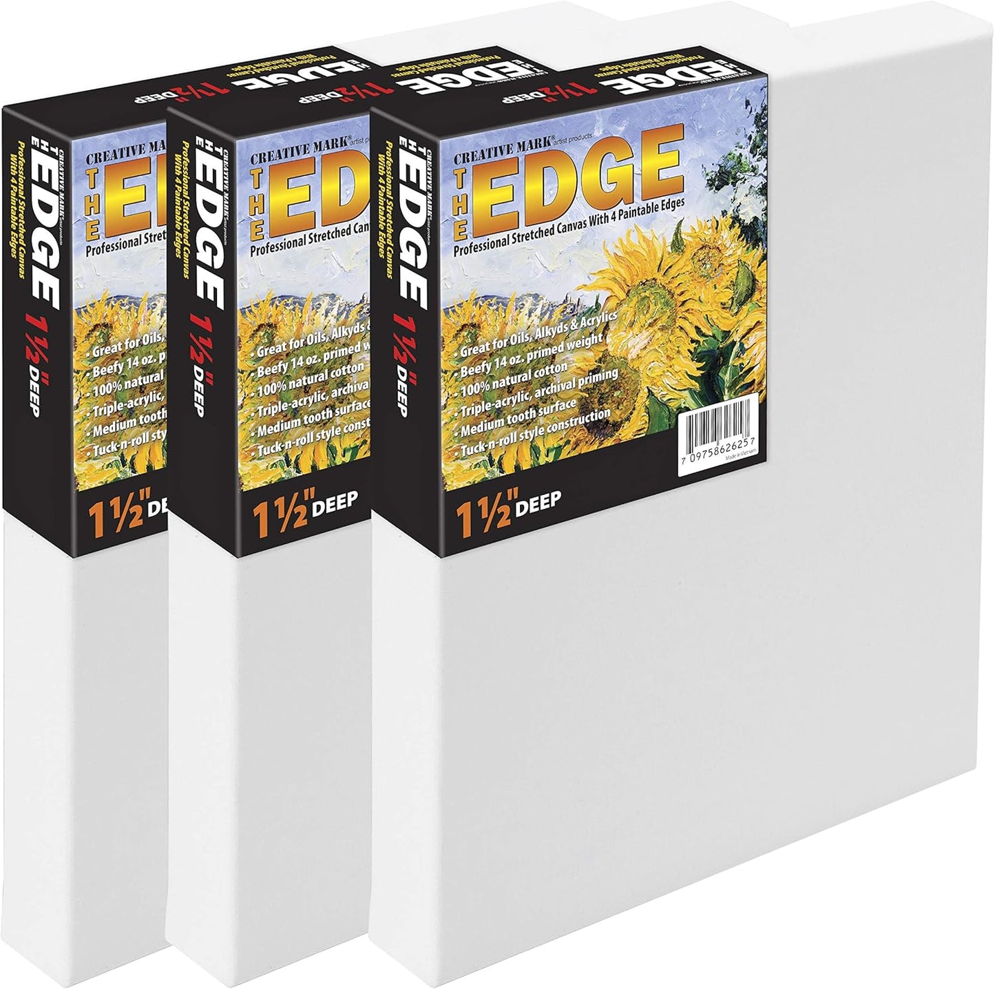 Creative Mark The Edge Deluxe Cotton 1-1/2" Deep Stretched Canvas for Painting, 5x5 Pack of 3, 14oz. Primed Weight, Universal Archival Priming, Medium Tooth, Hand-Stretched Canvas for Painters