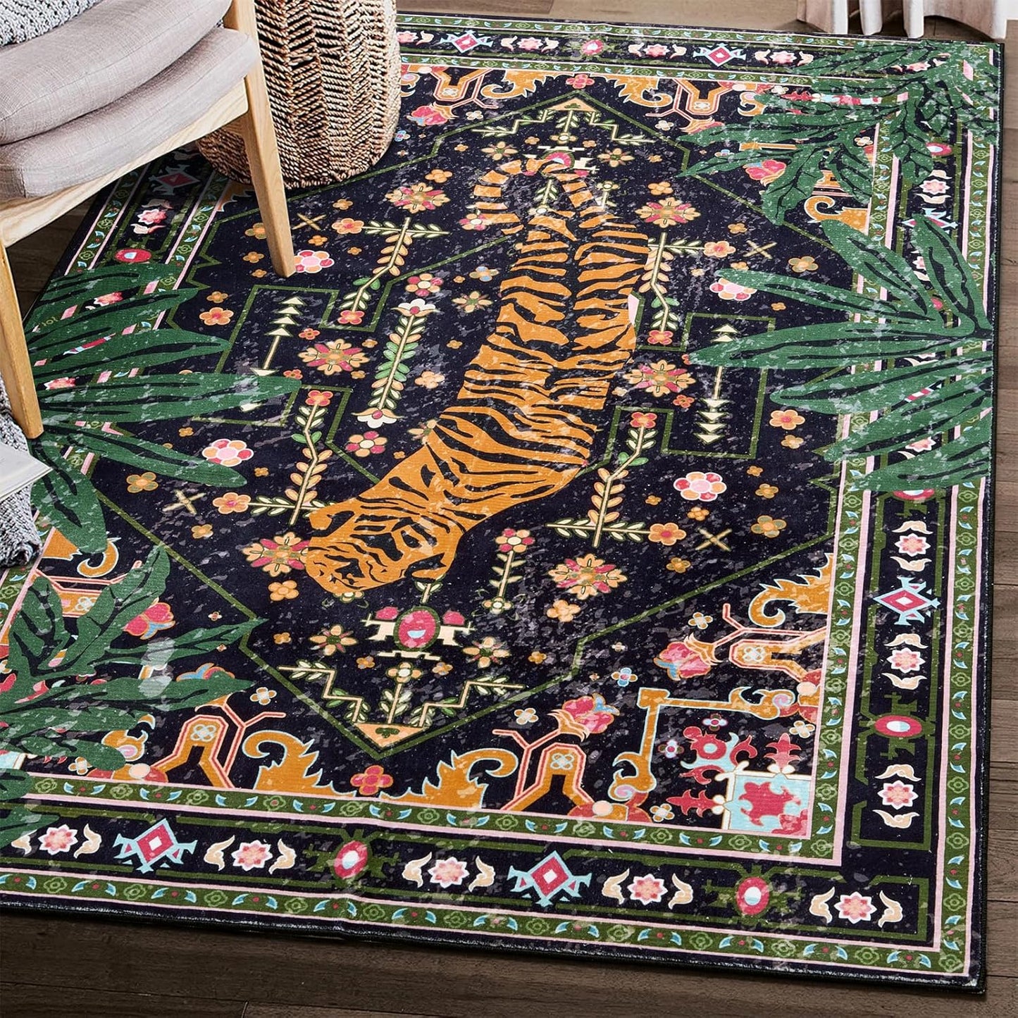 Oriental Tropical Washable Rugs, Black Boho Vintage Distressed Hippie 8x10 Area Rugs for Bedroom Living Room Office Dorm, Abstract Botanical Tribal Indian Accent Dining Room Large Carpet