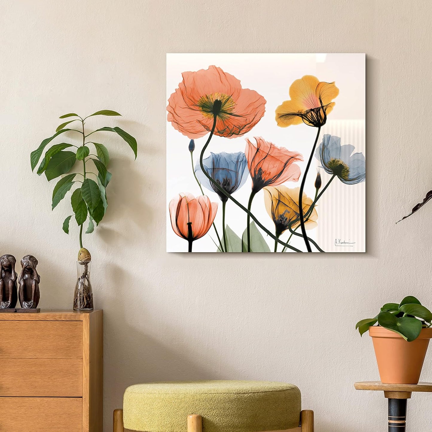 Empire Art Direct Frameless Free Floating Tempered Glass Panel Graphic Wall Art Ready to Hang, 24" x 24", Flowers and Ferns, Orange and Blue Flower