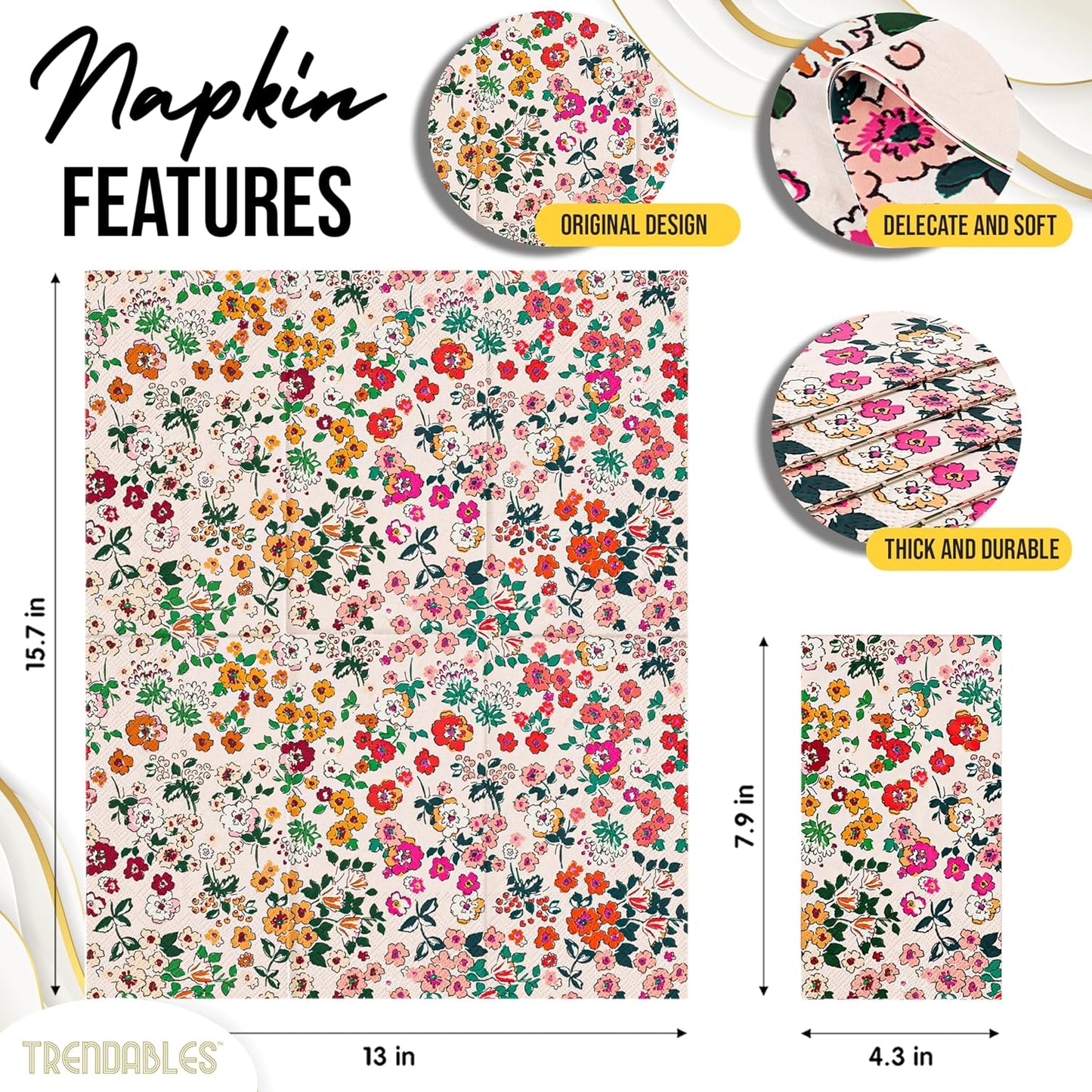 Trendables Floral Napkins for decoupage 200 Pcs 3 Ply floral paper napkins decorative Guest Towels Disposable Bathroom, Flower Design For Tea Party Decorations, Dinners & Weddings