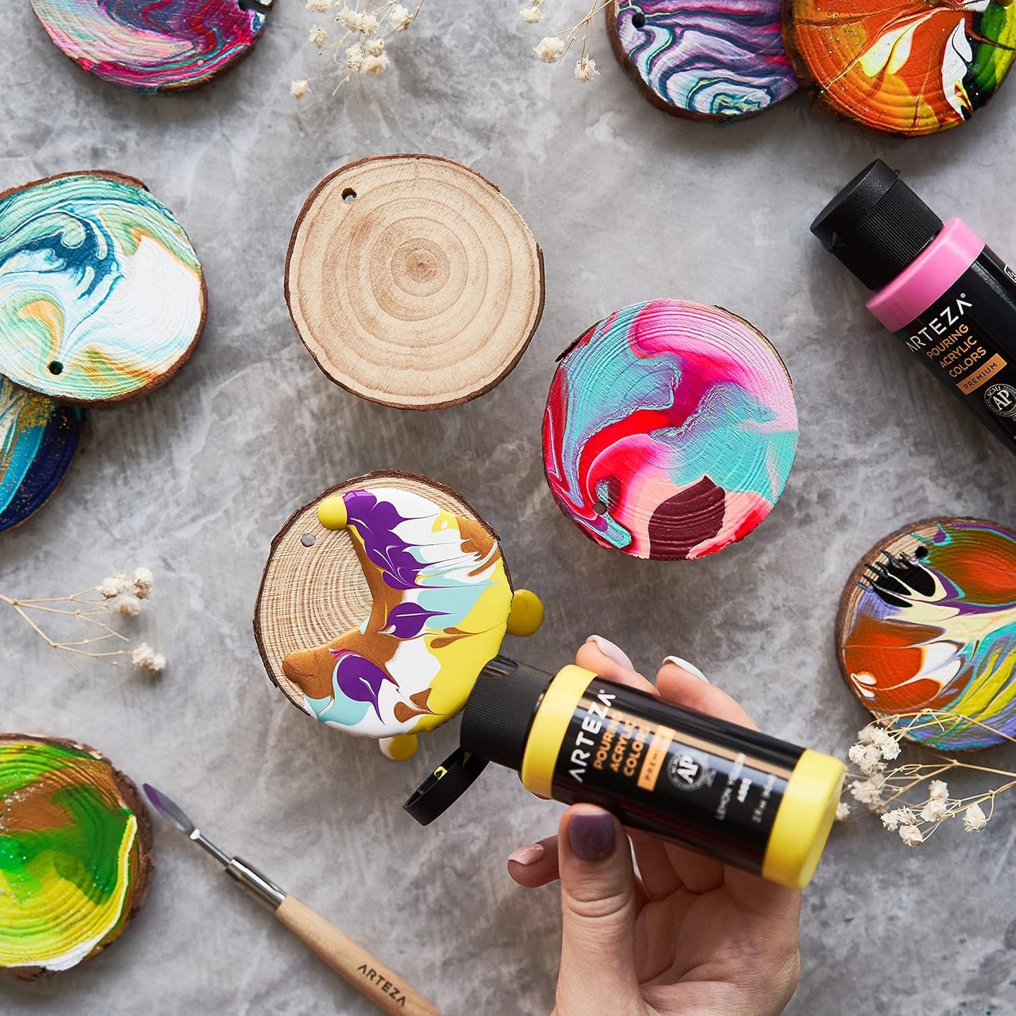 ARTEZA Acrylic Pouring Paint Set of 32, 2 ounce Bottles, Assorted Colors, High Flow Paint, Art Supplies for Pouring on Canvas, Glass, Paper, Wood