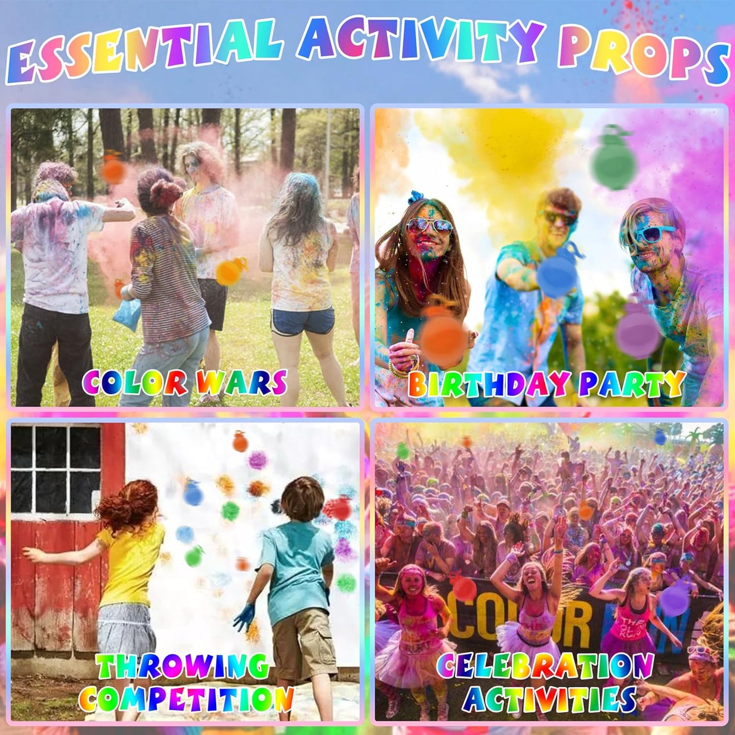 ARELUX Color Powder Balls-48 Packs Holi Powder Colors Chalk Balls,200+ Throws Each Chalk Bomb,Family Activiies Outdoor for Color Run Photography,Party Games,Friends Photoshoot,Birthday,Festival