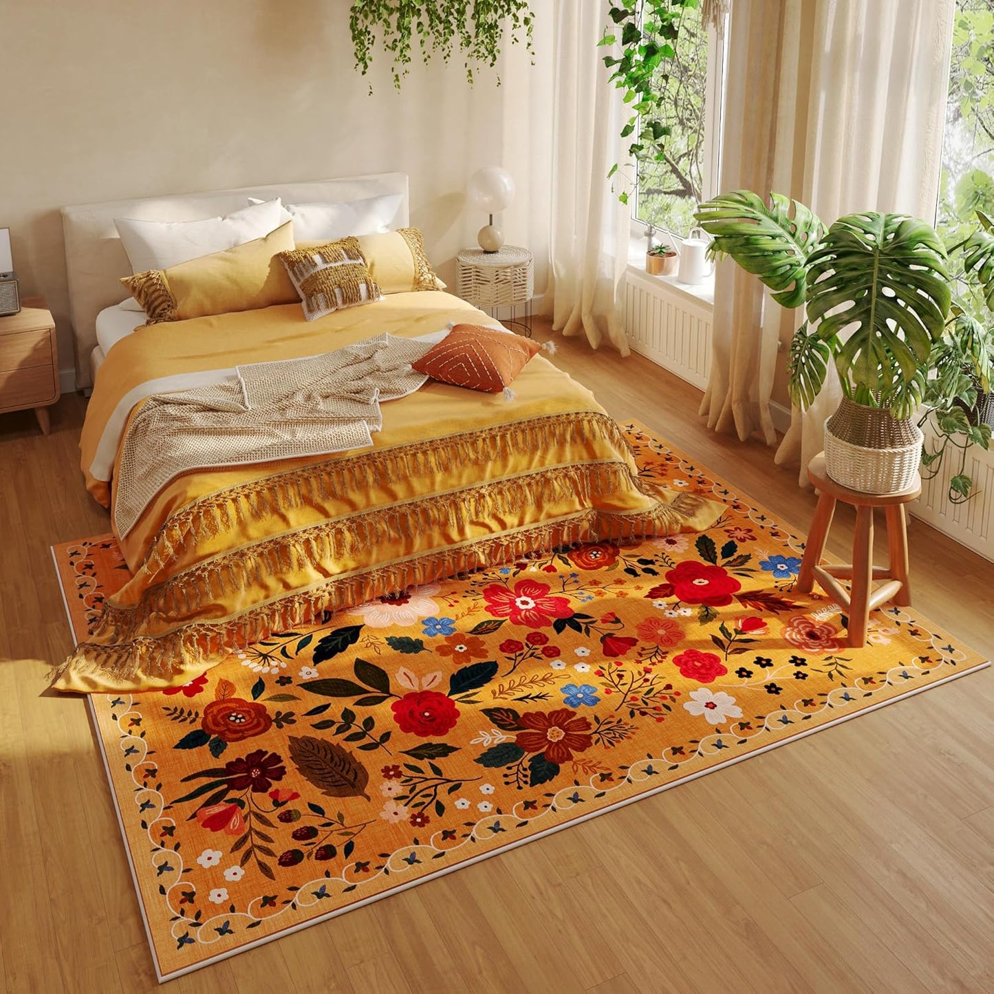 Rugcomf Area Rugs 8x10 Rug for Living Room Clearance Washable Boho Area Rug Non Slip Floral Vintage Low Pile Large Rug for Living Room, Bedroom, Farmhouse, Dining Room, Kids Playroom(Yellow)