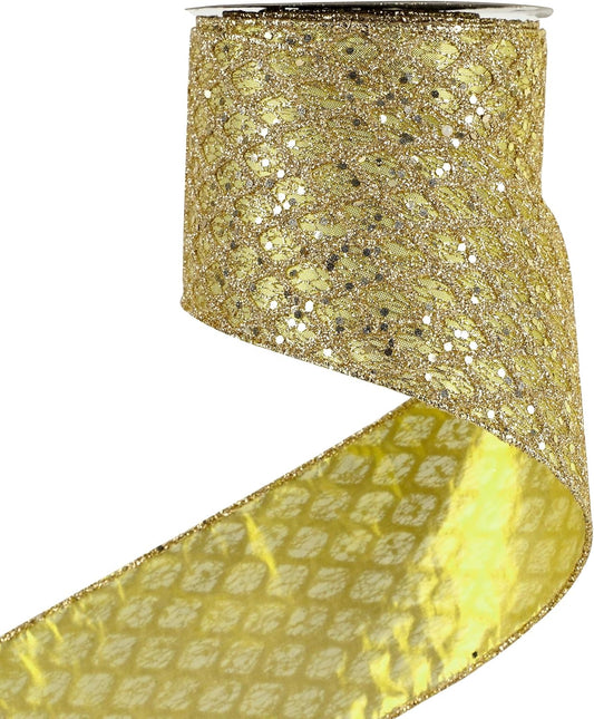HUIHUANG Gold Glitter Wired Ribbon, 4 inch x 10 Yards, Polyester, Christmas, Gold, Geometric Pattern, Perfect for Tree Decorations, Wreaths, Gift Wrapping