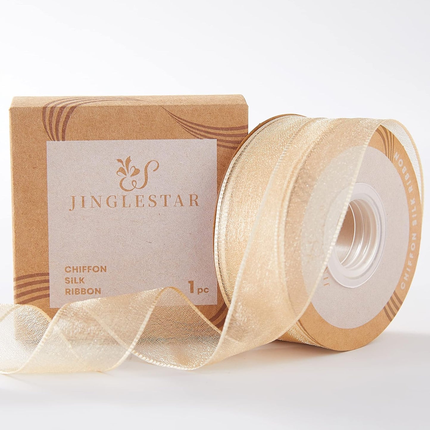 1 Inch Wide Sheer Chiffon Ribbon - Pearl Silk Woven Ribbon Suitable for Gift Wrapping, Wedding Decor, Home Decor, Girl Hair Accessories Handmade DIY (25 Yards/roll) (Champagne)