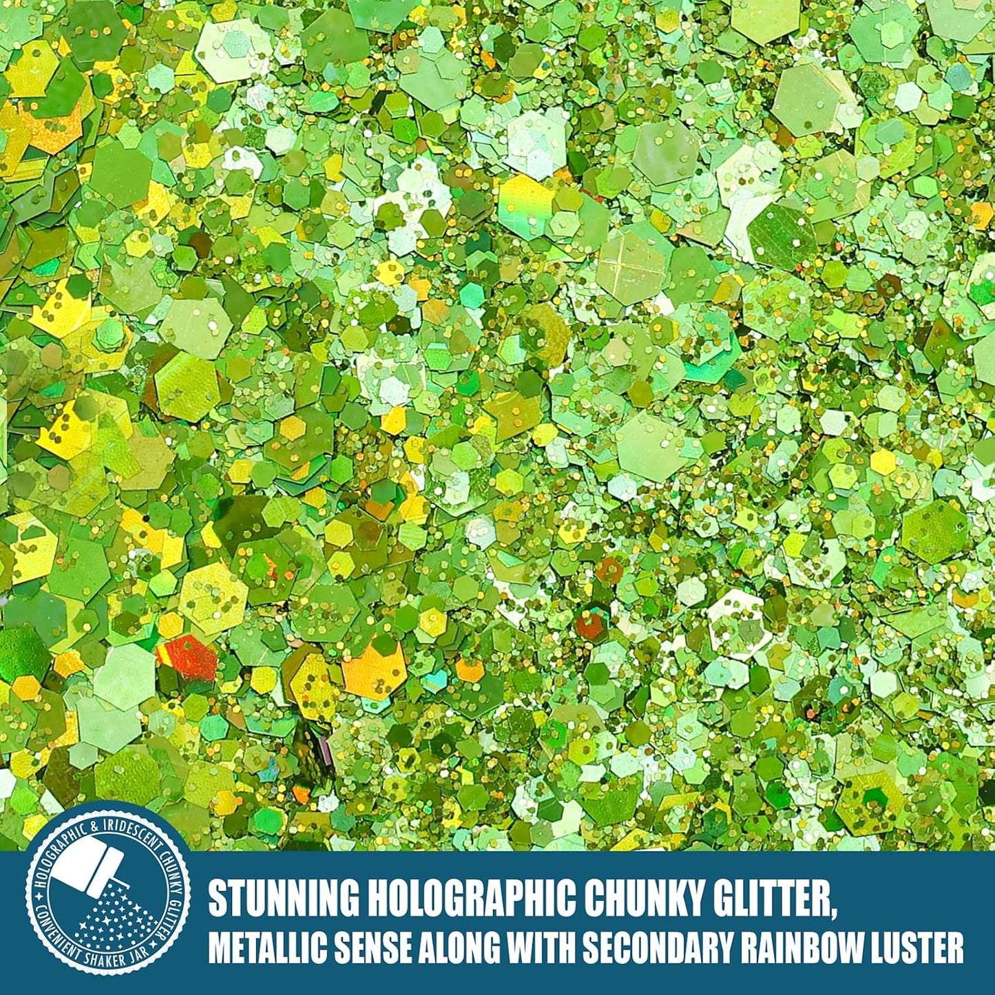 Holographic Chunky Glitter, 5.64oz/160g Extra Fine Glitter Powder Mixed Chunky Flake, Iridescent Sequins Bulk for Nail Art, Crafts Epoxy Resin, Festival Glitter for Party Decor (Dazzling Green)