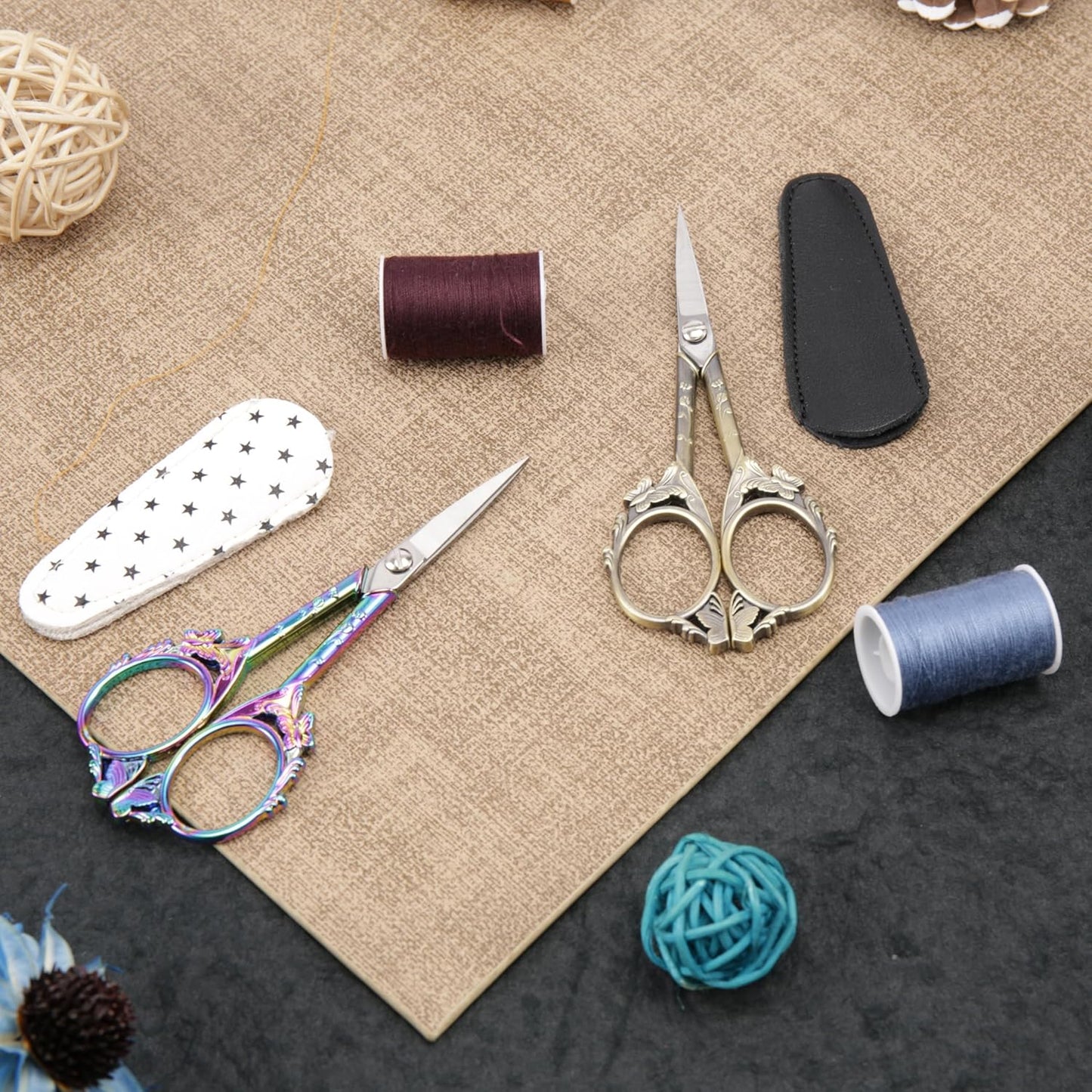 Artistic Vintage Craft Scissors Small 4.6 Inch Sharp Sewing & Embroidery Tool - Engraved Bronze Butterfly Handle, Silver Blade, Pink Polka Dot Case for Crochet, Fabric, Paper, DIY Crafts