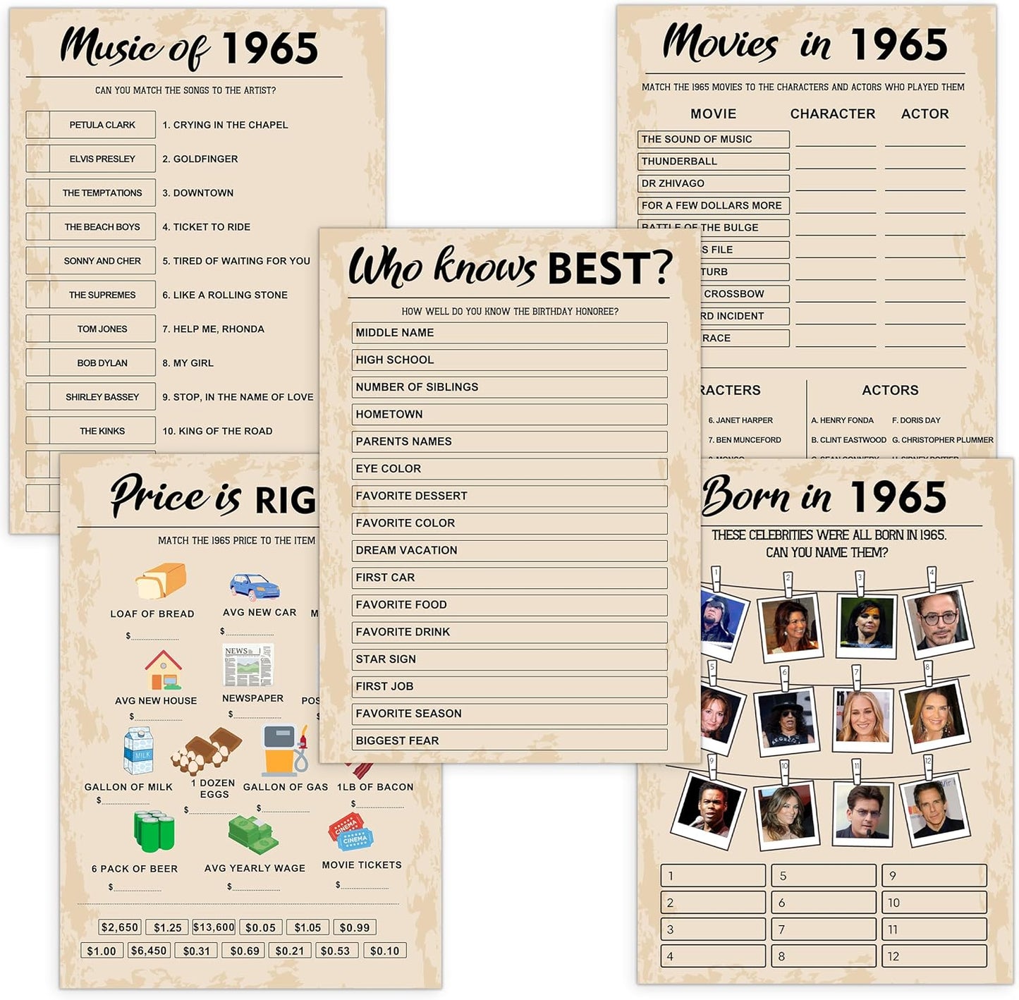 QUPT 60th Birthday Party Games, Set of 5 Activities for 10 Guests, Born in 1965 Games Bundle, Birthday Party Supplies for Adults, Pack of 50 Cards