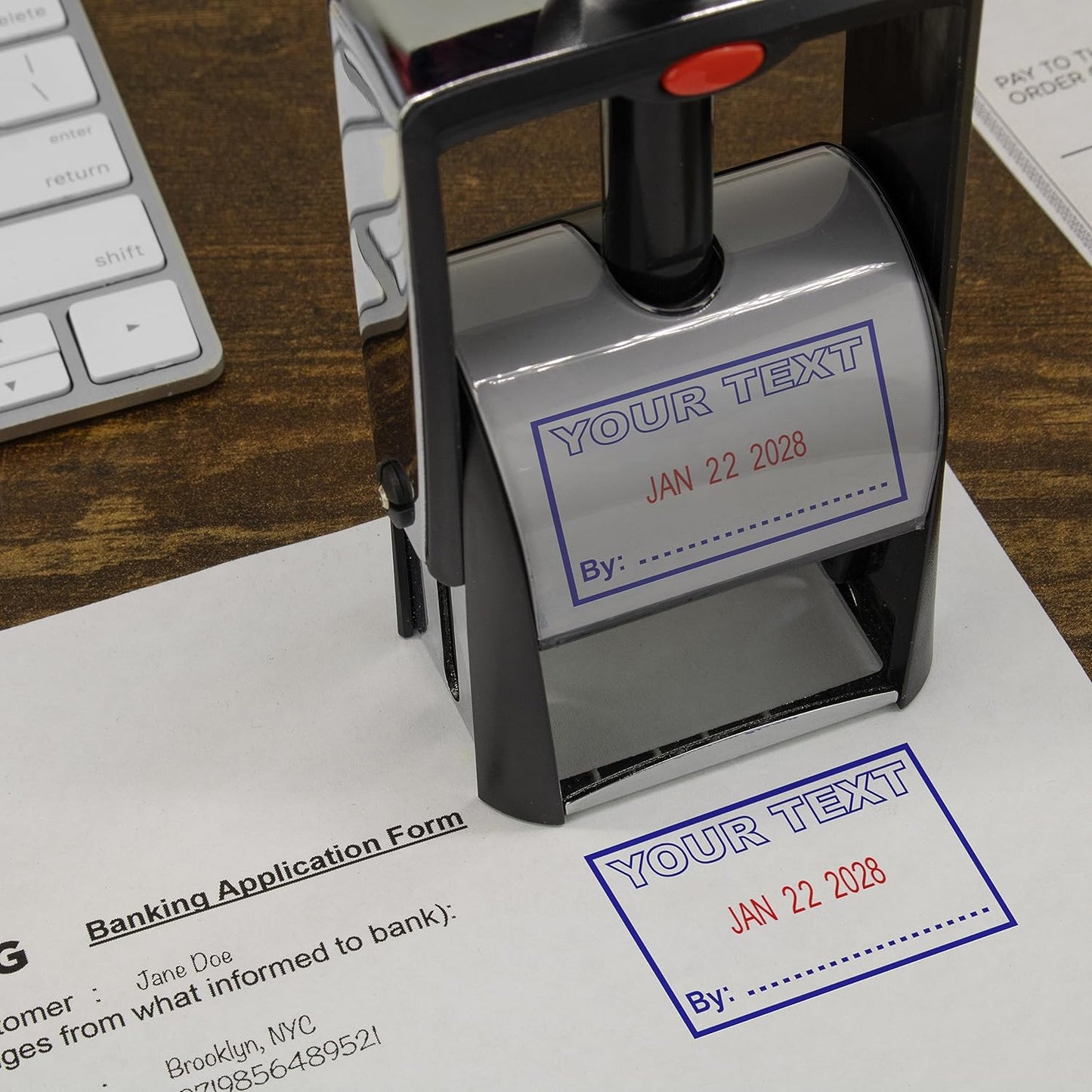 MaxMark Heavy Duty Self Inking Date Stamp with Phrase Deposited - 2 Color Blue/Red Ink