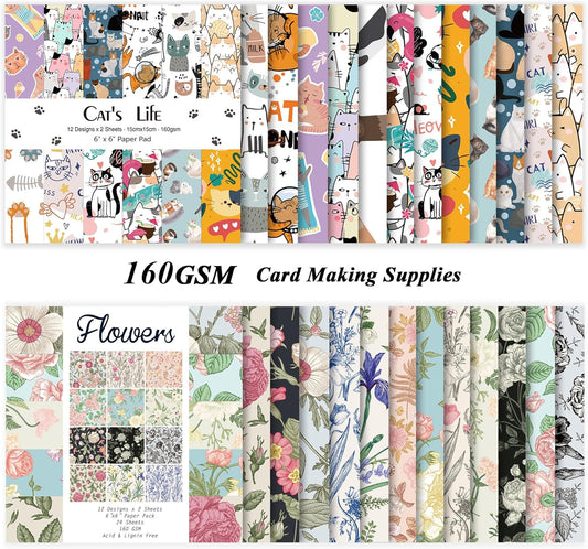 48 Sheets 24 Designs Scrapbook Paper Pad, 6"×6" Single-Sided Decopodge Craft Cardstock Paper,Scrapbooking DIY Decorative Background Cardmaking Supplies.Cat's Life&Flowers