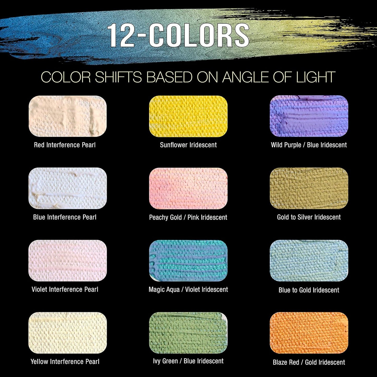 U.S. Art Supply 12-Color Iridescent Acrylic Paint Set Large 75ml Tubes - Luminescent, Chameleon, Color-Shifting Pearl Colors, Crafting Paints - Iridescent Paint Acrylics for Canvas, Wood, Rock, Paper