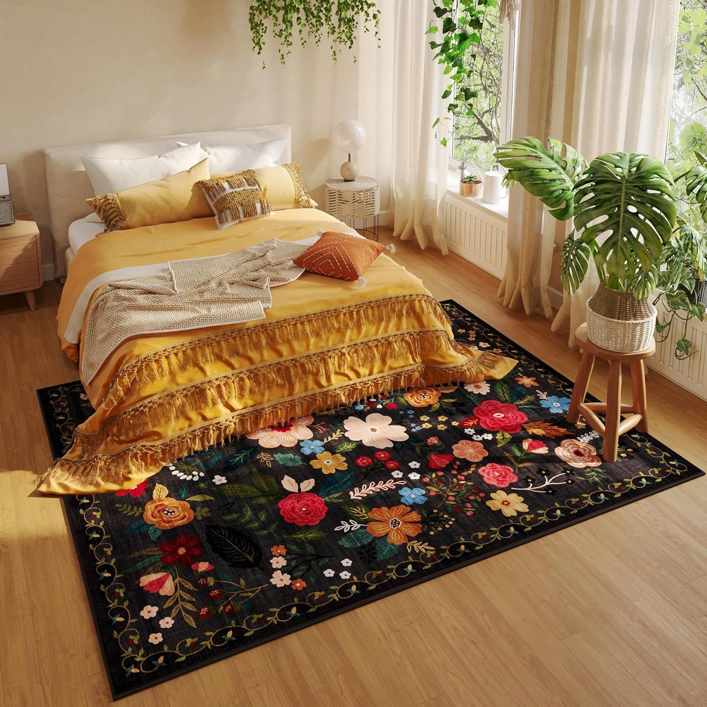 Rugcomf Area Rugs 8x10 Rug for Living Room Clearance Washable Boho Area Rug Non Slip Floral Vintage Low Pile Large Rug for Living Room, Bedroom, Farmhouse, Dining Room, Kids Playroom(Black)