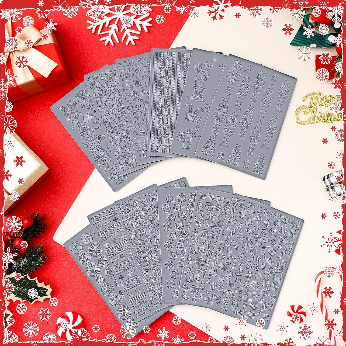 12 Pcs Christmas Polymer Clay Texture Sheets - Cute Texture Mat for Embossing, DIY Tools for Snowman Elf Clay Earring Jewelry Making
