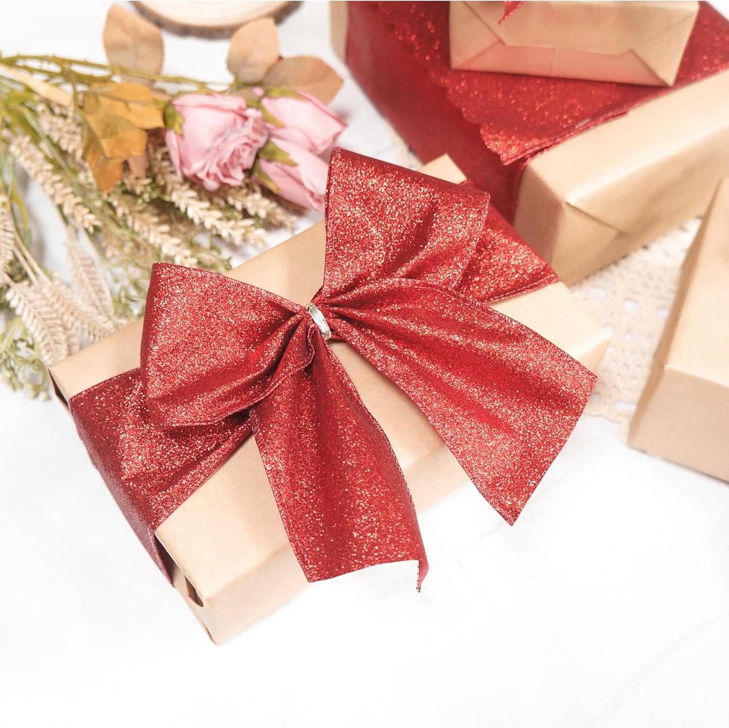 CT CRAFT LLC Glitter Wired Ribbon 2.5" x 10 Yards Red for Christmas Home Decor Bow Gift Wrapping DIY Crafts Wreath