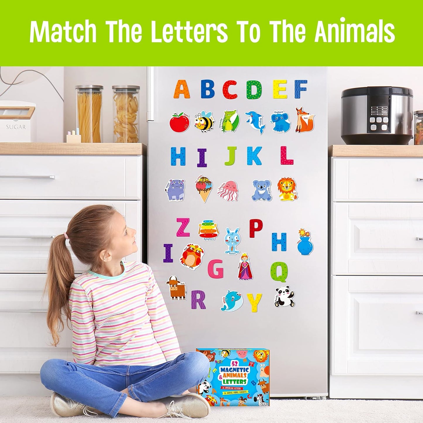 Large Magnetic Letters and Animals, Educational Learning Tool for Kids Word Recognition 52 Pieces Magnets Include 26 Colorful Alphabet Letters and Corresponding Cartoon Images