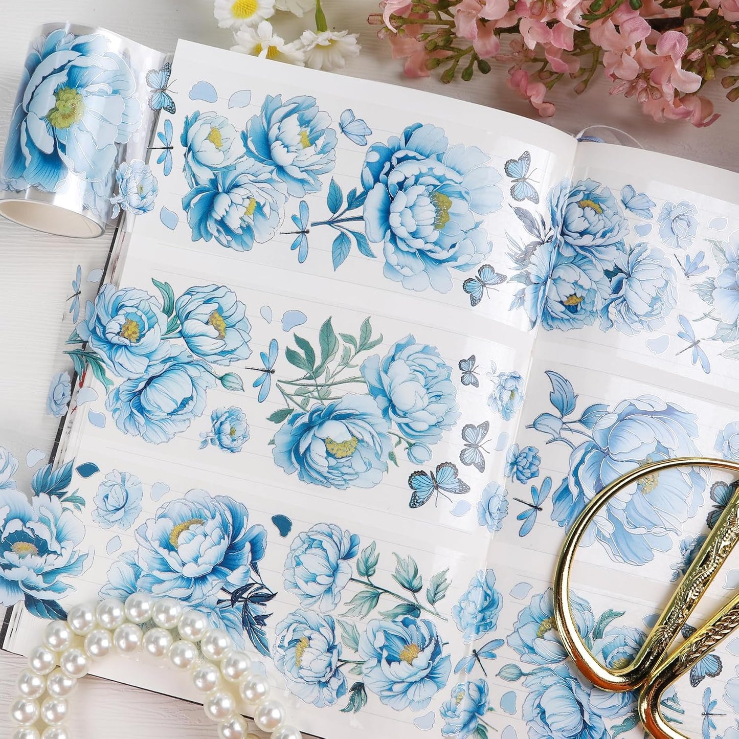 PET Tape Stickers for Journaling - Blue Flower Junk Journal Supplies Scrapbooking Tapes, Aesthetic Peony Flower Bullet Scrapbook Journal Stickers Tape, Decorative Tapes for Art Crafts