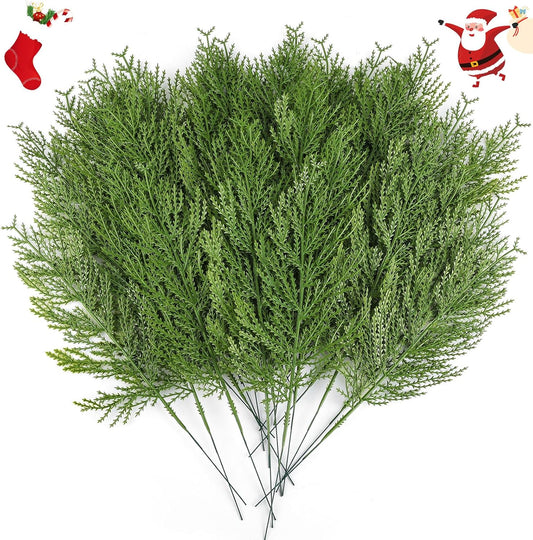 Hananona 40 Pcs Artificial Cedar Picks Faux Cedar Branches Fake Cypress Stems Plastic Pine Greenery Christmas Picks and Sprays DIY Accessories for Crafts Wreath Holiday Home Decor (40, Green)