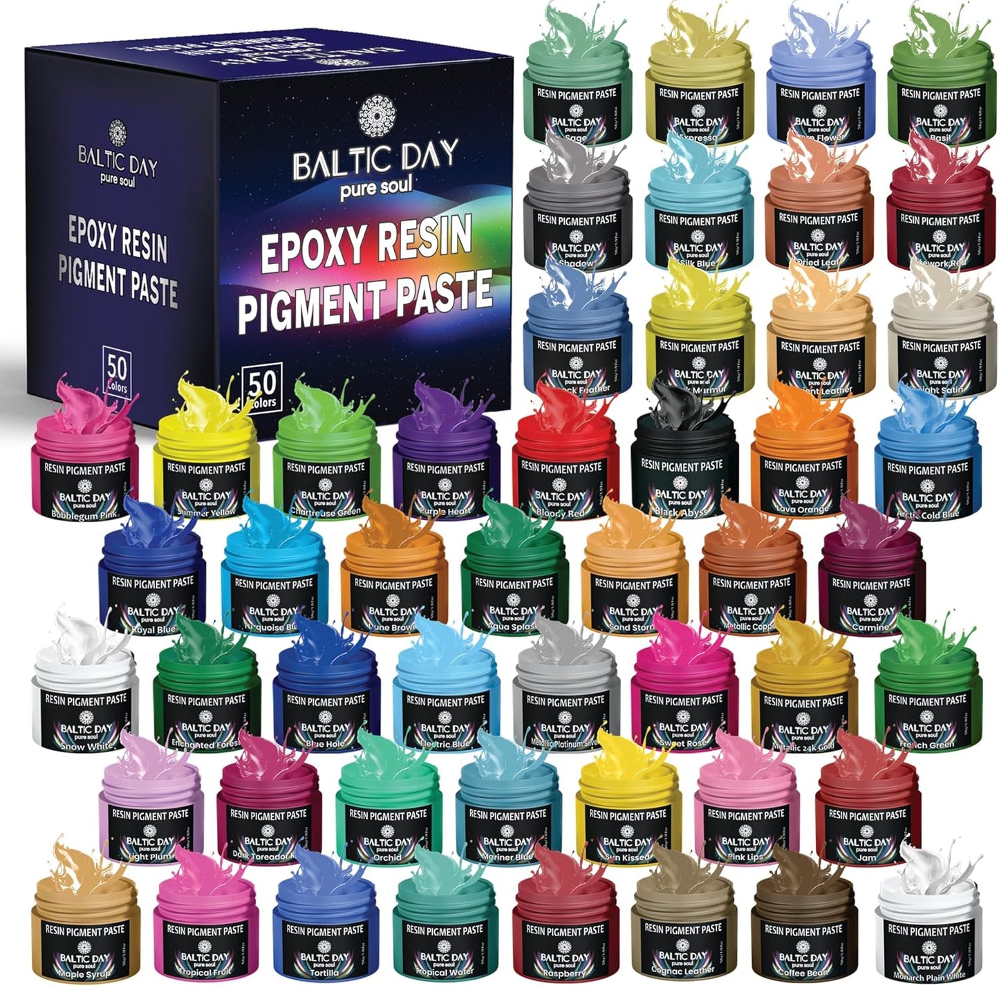 BALTIC DAY 50 Color Epoxy Pigment Paste Set – Opaque Resin Colorant, High Concentration Epoxy Dye & Mica Powder for Resin Art, Jewelry Making, Tumblers, Coasters, River Tables & DIY Crafts