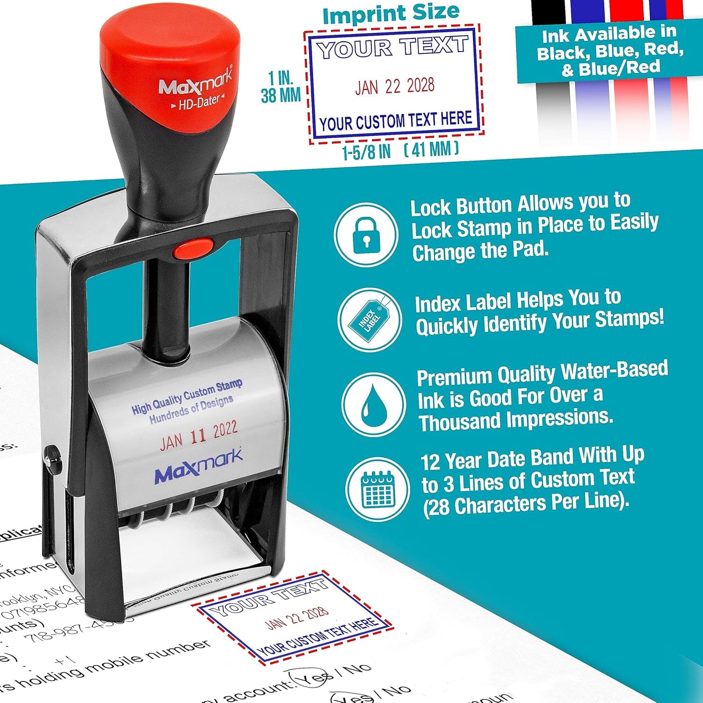 MaxMark Heavy Duty Self Inking Date Stamp with Phrase Received - Red Ink