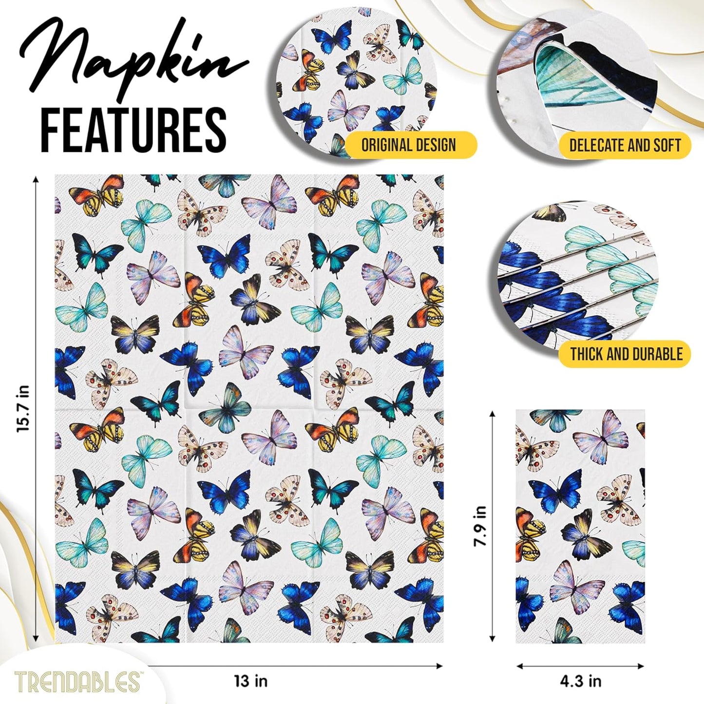 Trendables Butterfly Napkins for decoupage 100 Pcs 3 Ply Butterfly paper napkins decorative Guest Towels Disposable Bathroom, For Tea Party Decorations, Dinners & Weddings