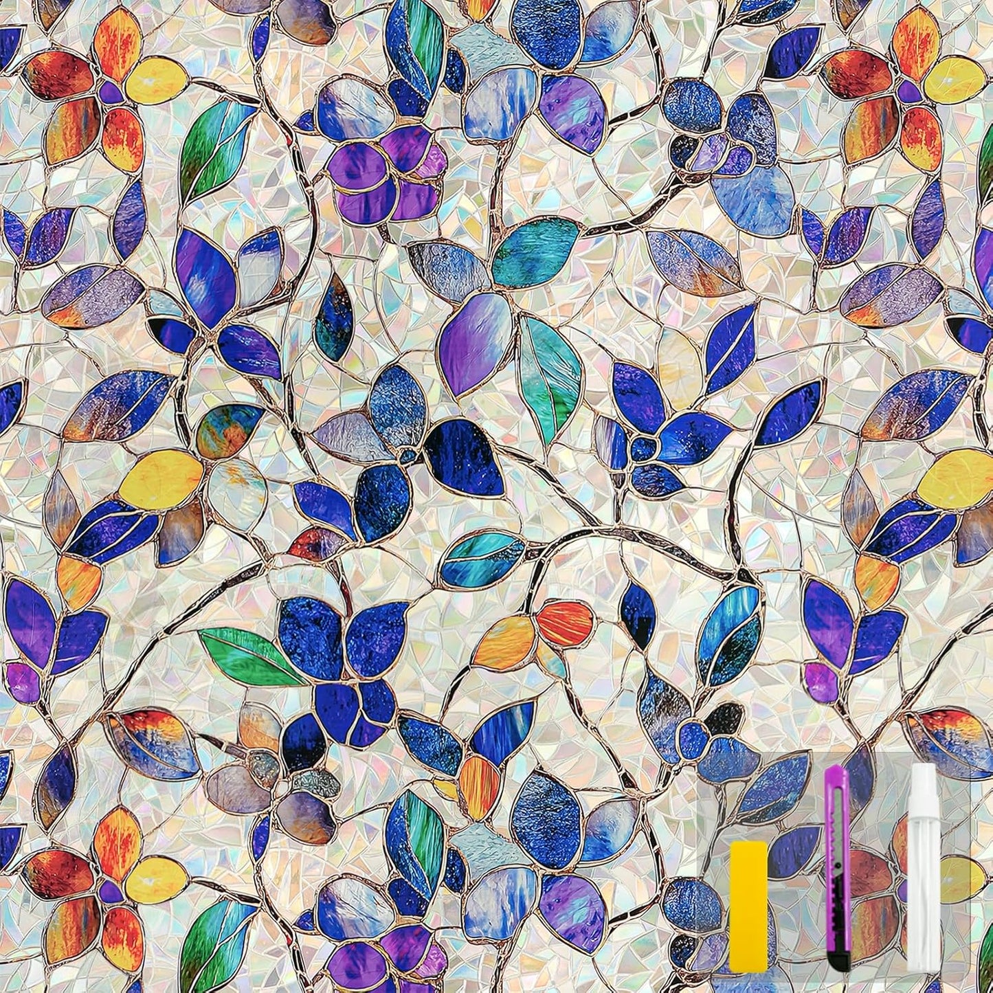 Window Privacy Film Stain Glass Window Film Rainbow Window Film Window clings Non-Adhesive Reusable Decorative for Room (Stained Leaf, 35.4 x 78.7 in)