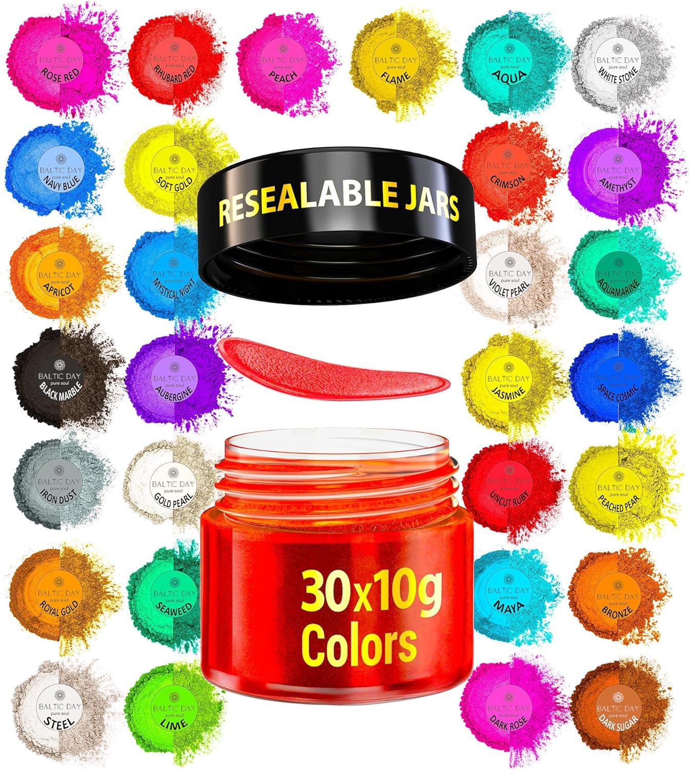 BALTIC DAY - Mica Powder, 30 x 10g Jars of Mica Powder for Epoxy Resin Set - Epoxy Resin Color Pigment Powder - Pigments for Soap Making, Slime, Nails