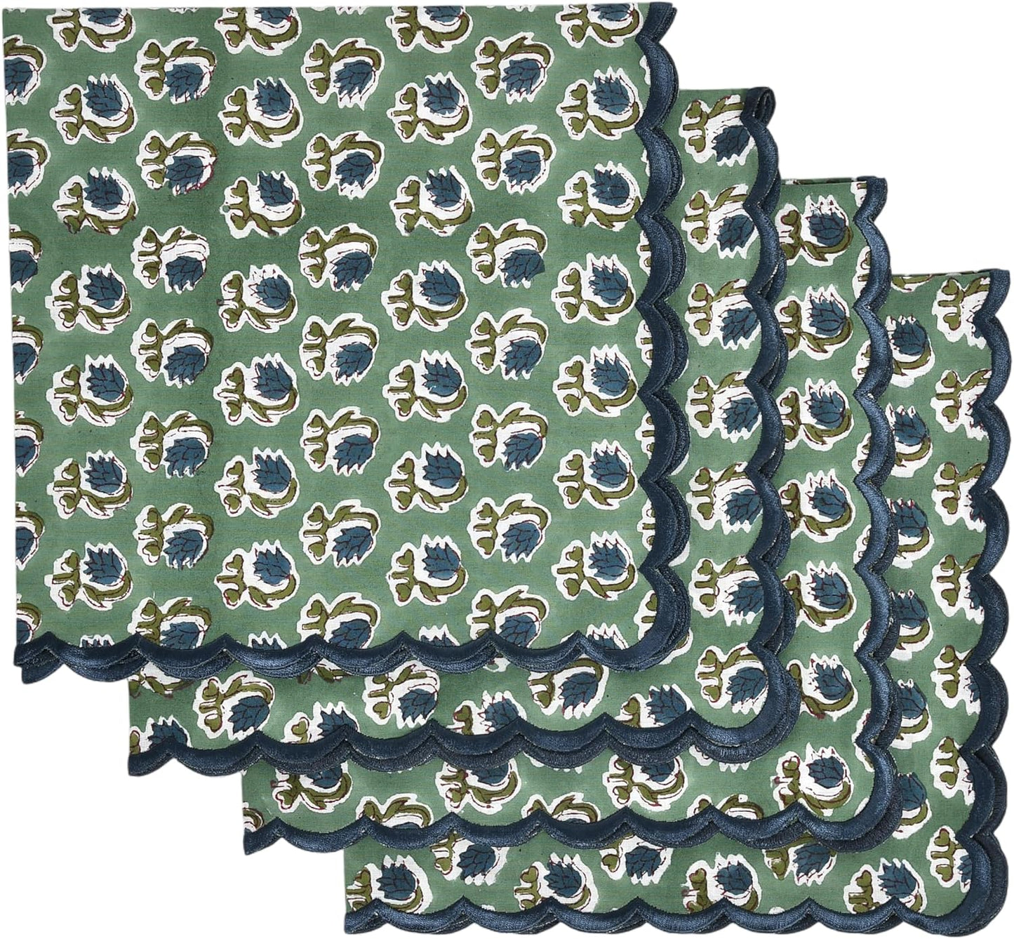 Ridhi Basil GreenHand Block Print Napkins 18" x 18" Set of 4 Reusable Cotton Dinner Napkins for Weddings, Parties & Everyday Dining, Thanksgiving, Christmas, Fall