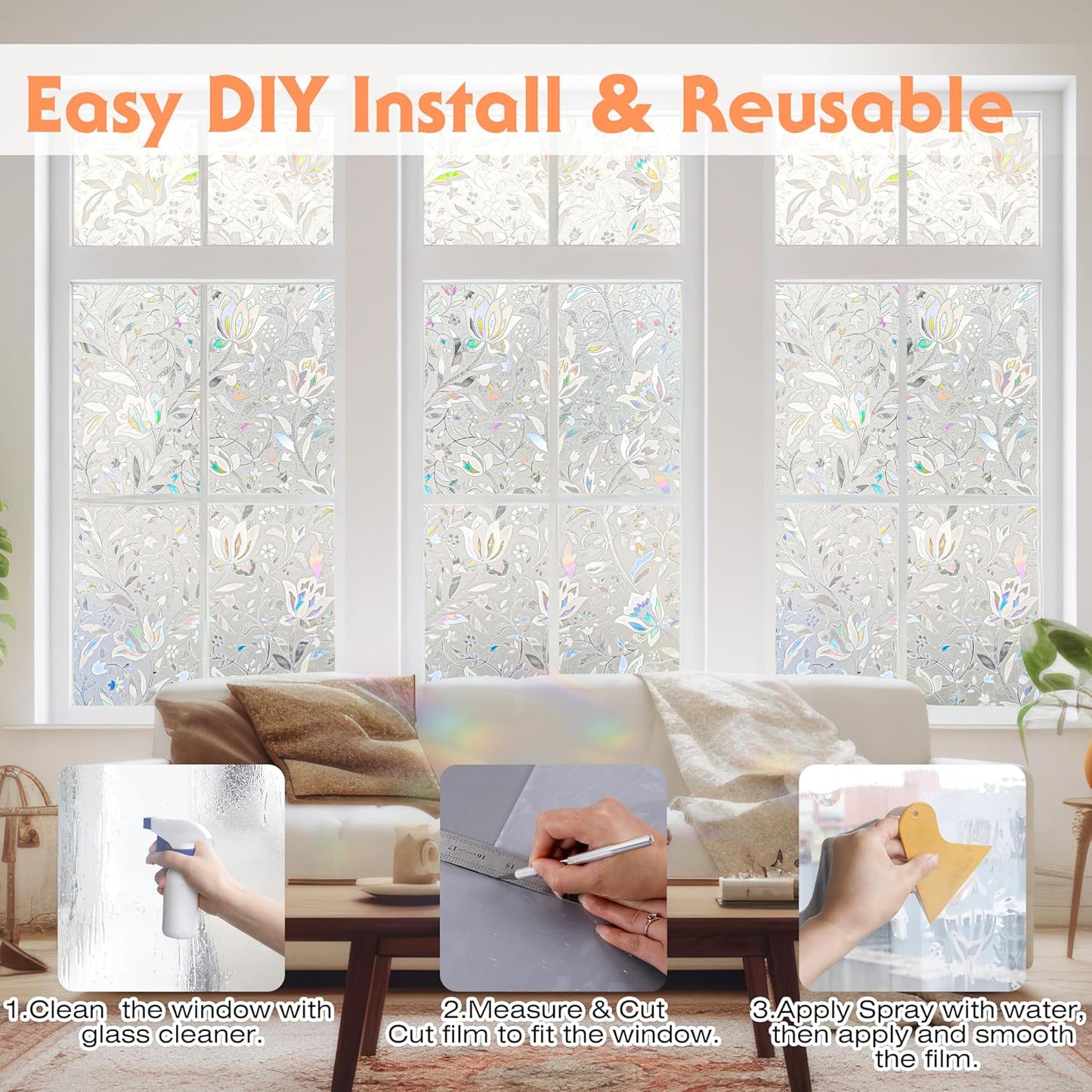Hilarious Privacy Window Film, Tulip Window Vinyl, Stained Glass Static Stickers, 3D Decorations for Glass Windows, Removable Window Covering, Adhesive-Free Stickers (35.4'' x 118'')