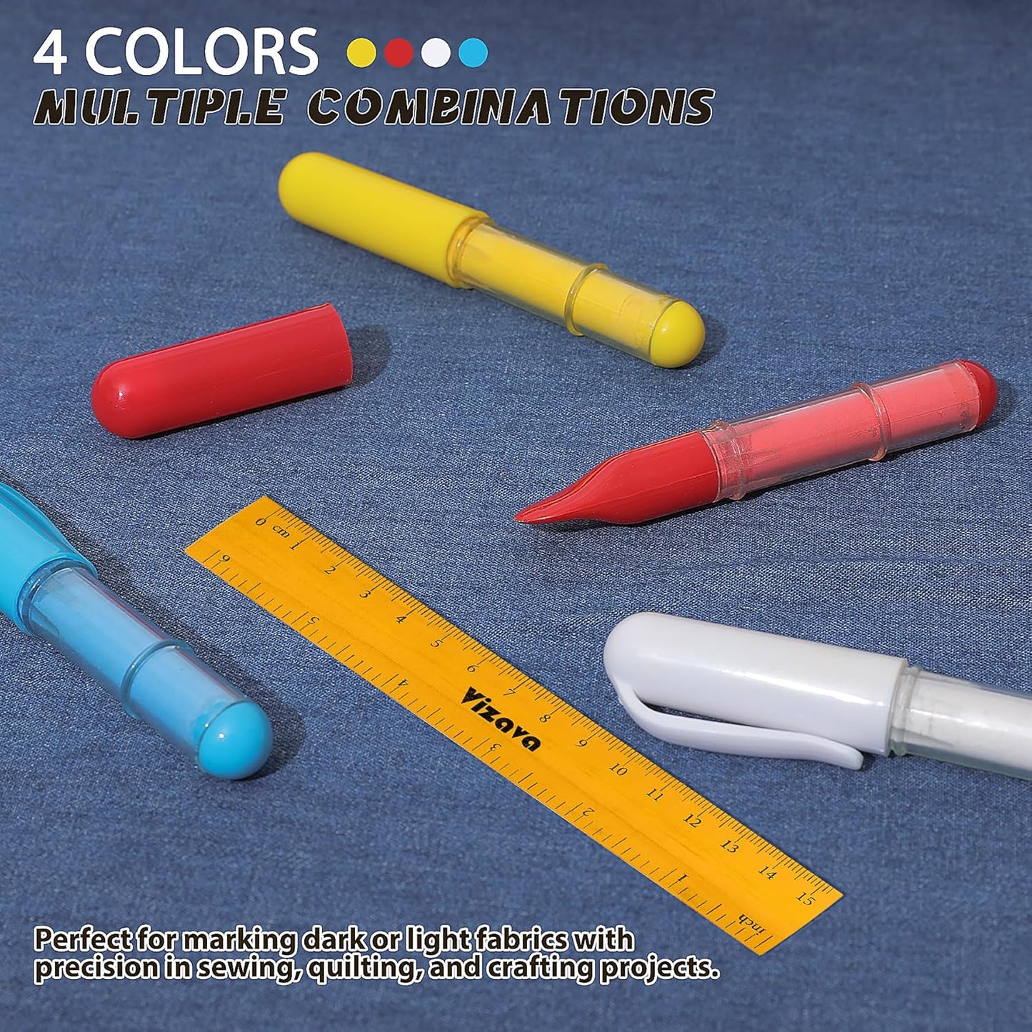 Fabric Chalk Markers for Sewing,Quilting,Crafting|Erasable Tailor Chalk|Work on Various Fabrics|Dosing Wheel Drawing Precise Line(2pk Yellow,White professional tailors chalks pencil&1Ruler)