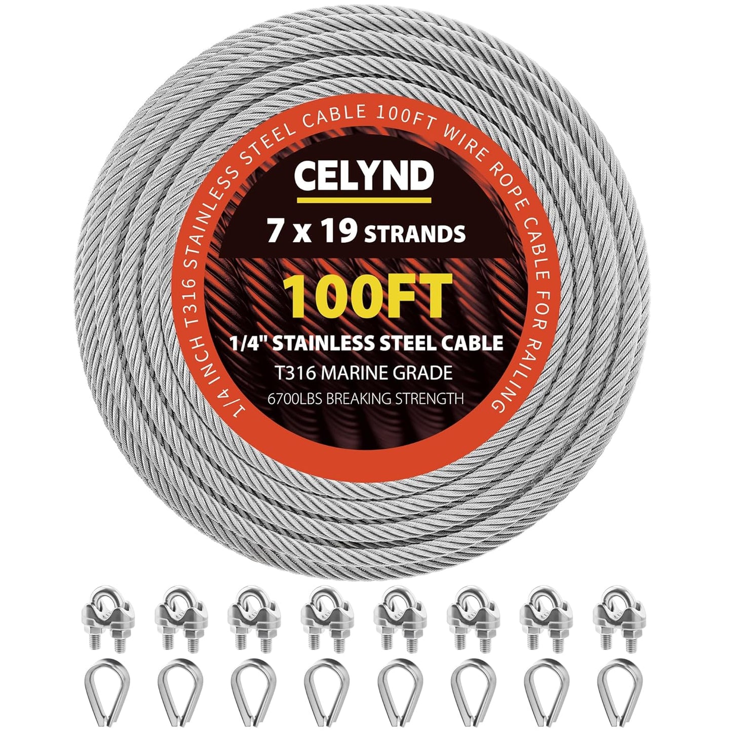 Stainless Steel Cable for Railing - 100FT 1/4" T316 Wire Rope with Clamps and Thimbles - 7 x 19 Strands 6700 LBS Breaking Strength for Outdoor Deck Railing Zipline