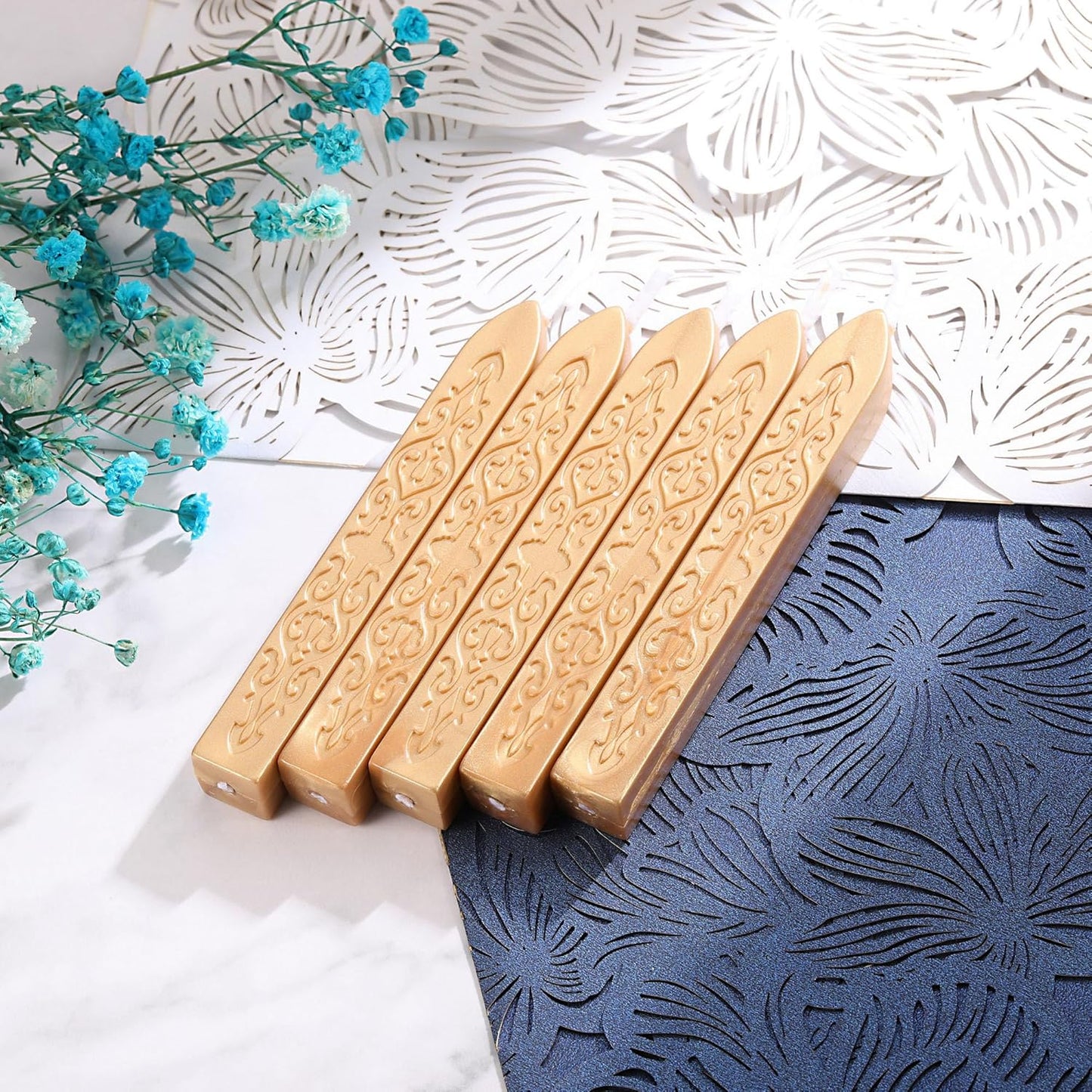 Yoption 5 Pcs Metallic Light Gold Sealing Wax Sticks with Wicks for Wax Seal Stamp, Wedding Invitations, Gift Wrapping, Christmas
