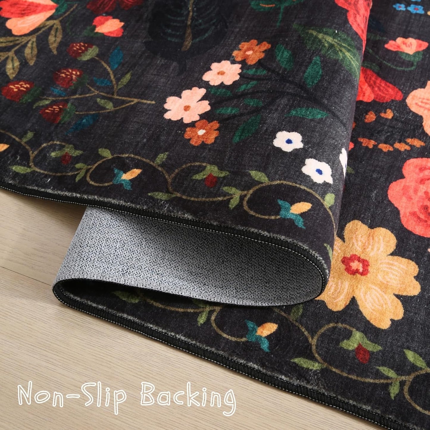 Rugcomf Runners for Hallways Kitchen Rug Non Slip 2'x 10' Long Washable Runner Rugs with Rubber Backing Soft Floral Carpet Runner for Hallways, Kitchen, Laundry, Bedroom, Bathroom(Black)