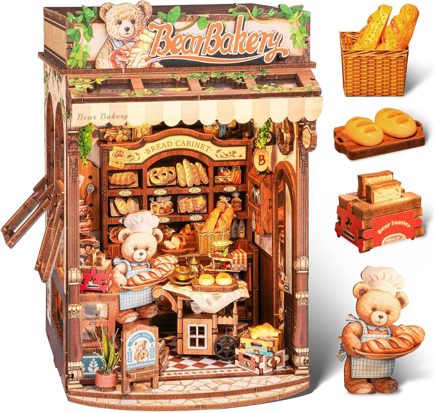 3D Wood Puzzle Bear Bakery LED Dollhouse Book Nook Kit - Miniature Bookshelf Insert DIY Home Decor Gift for Kids and Adults (Bear Bakery)