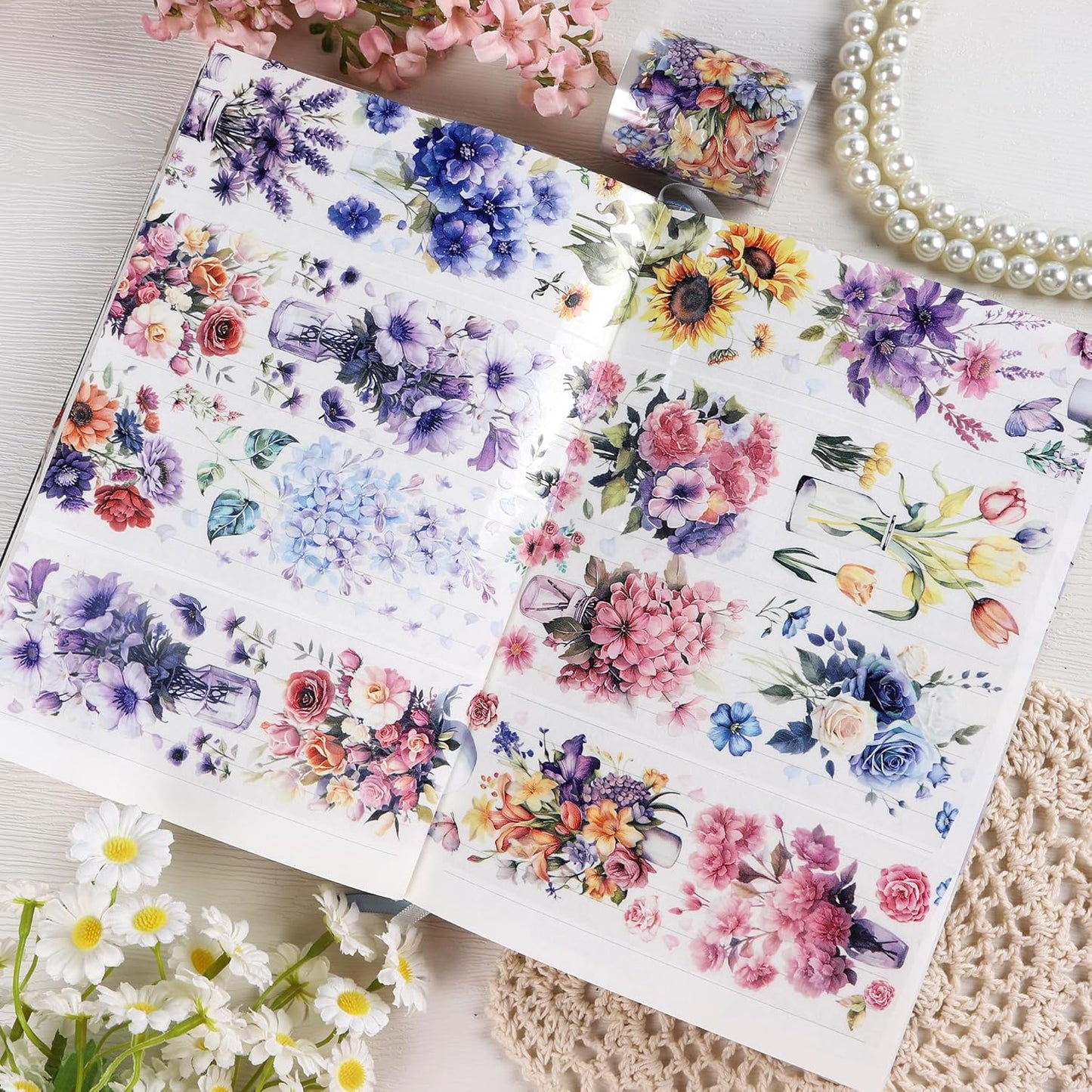 Journaling Scrapbook PET Tapes - Floral Scrapbooking Junk Journal Supplies, Flower Decorative Tapes for Art Crafts, Aesthetic Washi Tapes Scrapbooking Supplies, Floral Journaling Tapes