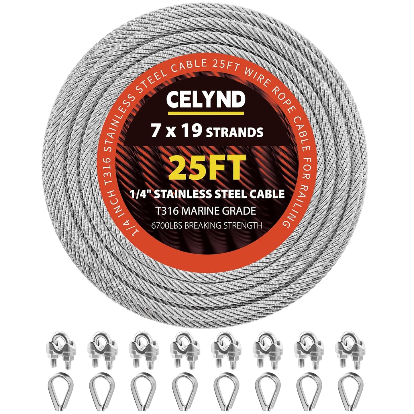 Stainless Steel Cable for Railing - 25FT 1/4" T316 Wire Rope with Clamps and Thimbles - 7 x 19 Strands 6700 LBS Breaking Strength for Outdoor Deck Railing Zipline