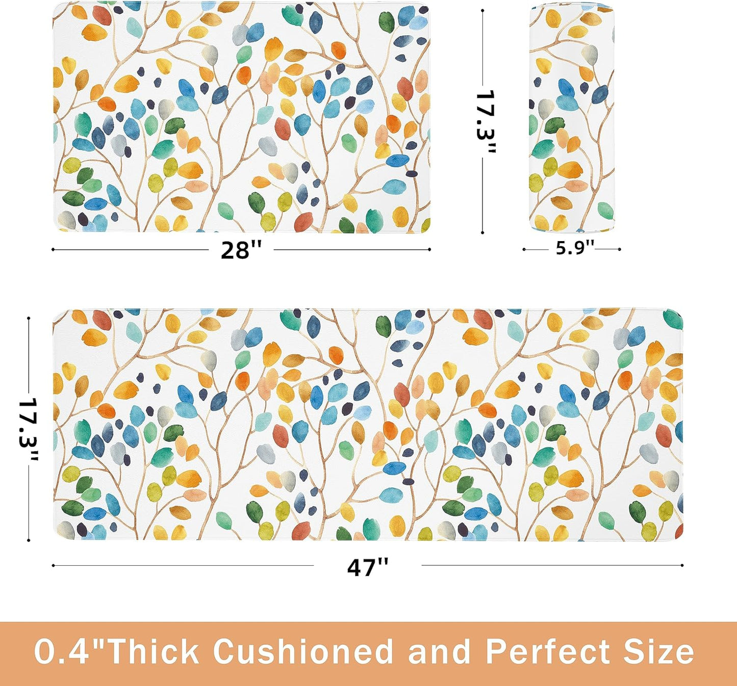 weesire Anti Fatigue Mats for Kitchen Floor Boho Kitchen Rugs Colorful Floral Leaves Memory Foam Cushioned Non-Slip Waterproof Kitchen Mat PVC Kitchen Rug Set, 17.3x28+17.3x47 inches, Laundry, Yellow