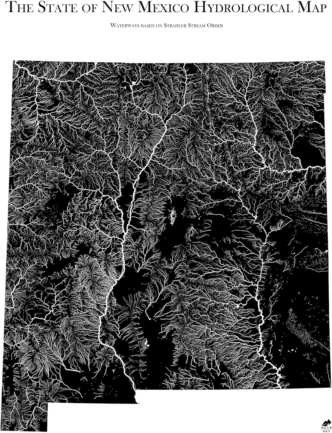 Muir Way Hydrological River Map of New Mexico - Watershed Topographic Wall Art for Home, Office, or Travel Decor - Unframed Flat Paper Print, 24x30