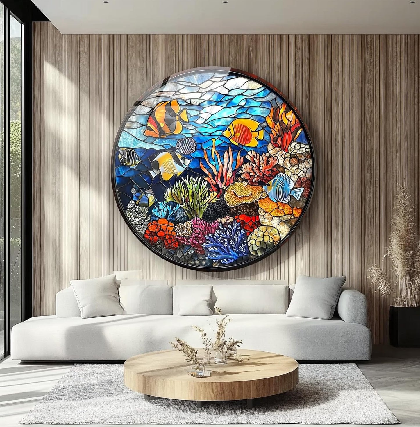 My Photostation.com 10''(25cm) Diameter Coral Reef Mosaic Round Glass Wall Art Tempered Glass Printing Wall Decor Large Wall Art Wall Hangings