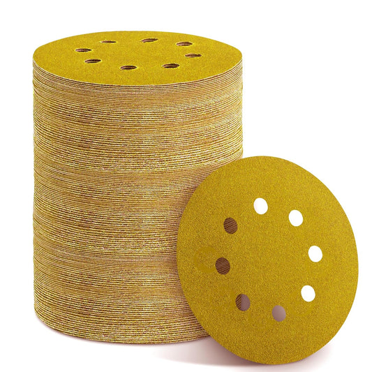 150PCS 100 Grit Gold Sanding Discs, 5-Inch 8-Hole Sandpaper for Random Orbital Sander, for Automotive or Woodworking