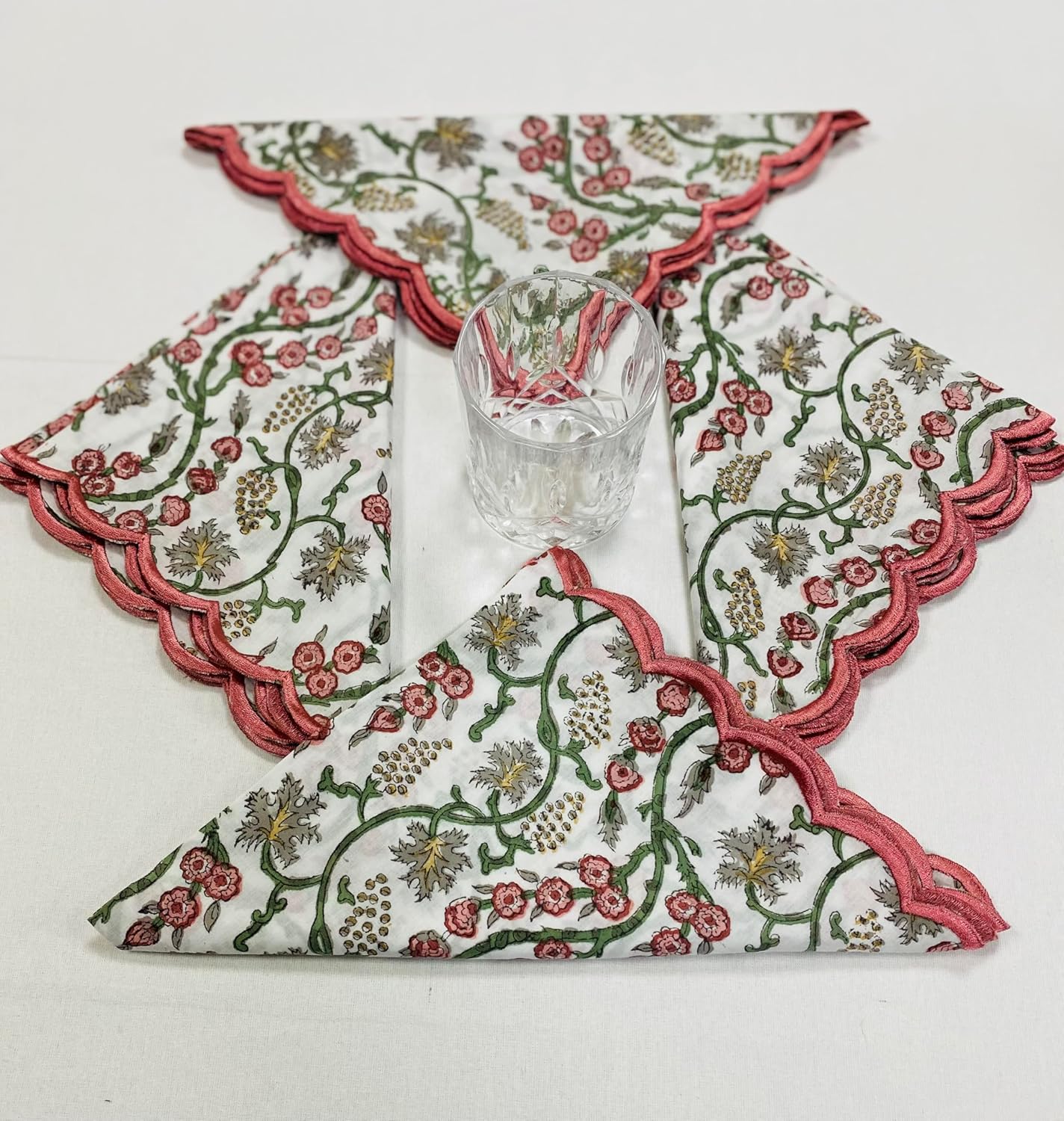 Ridhi Coral Pink Hand Block Print Napkins 18" x 18" Set of 4 Reusable Cotton Dinner Napkins for Weddings, Parties & Everyday Dining, Thanksgiving, Christmas, Fall