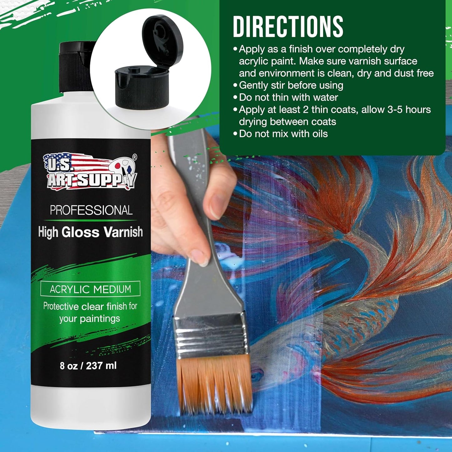 U.S. Art Supply 8 oz High Gloss Varnish for Acrylic Paintings - Clear Protective Finish with UV Protection