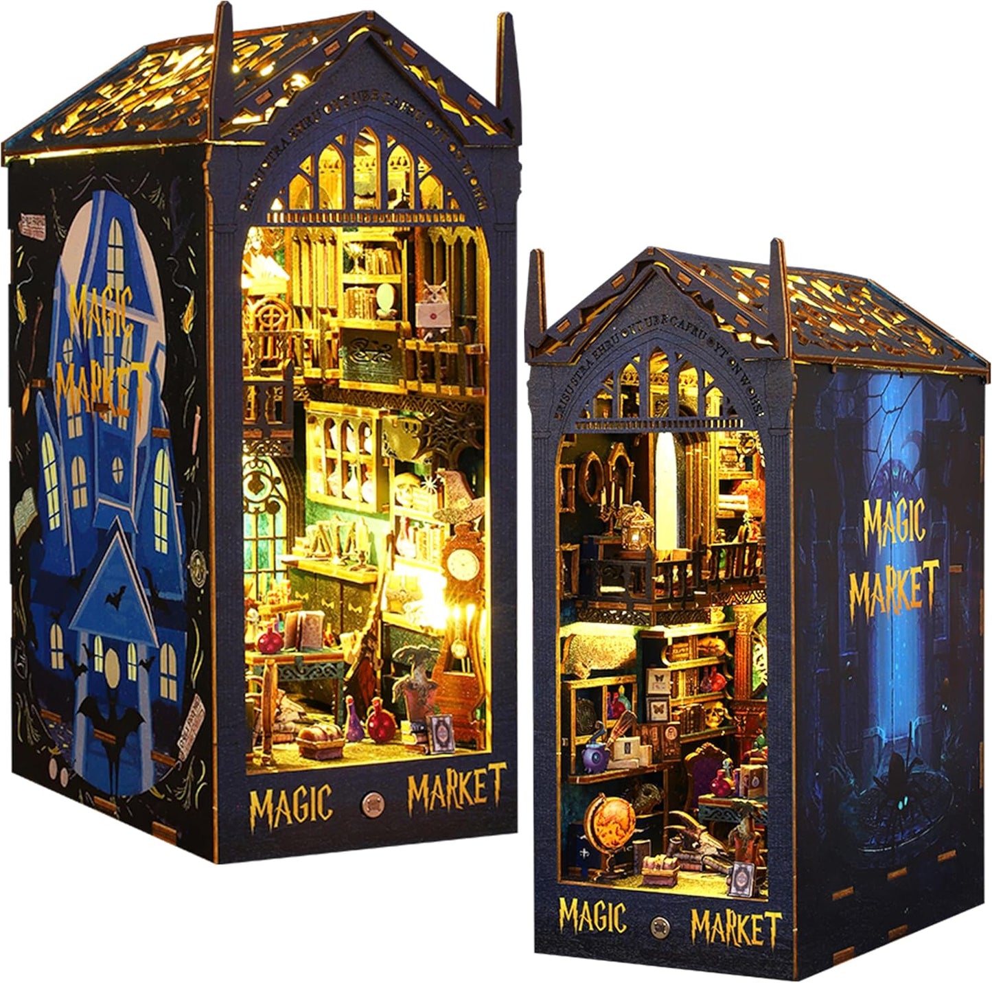 ISSEVE DIY Book Nook Miniature Kits for Adults, 3D Wooden Puzzle Dollhouse Miniature House Kit for Booknook Shelf Insert Decor, Creative Assembled Bookends Bookshelf with Sensor Light (Magic Market)