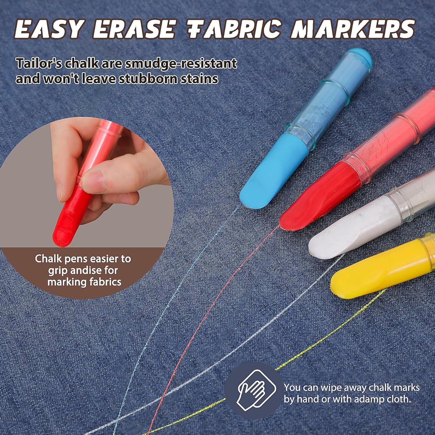 Fabric Chalk Markers for Sewing,Quilting,Crafting|Erasable Tailor Chalk|Work on Various Fabrics|Dosing Wheel Drawing Precise Line(2pk Red,White professional tailors chalks pencil&1Ruler)