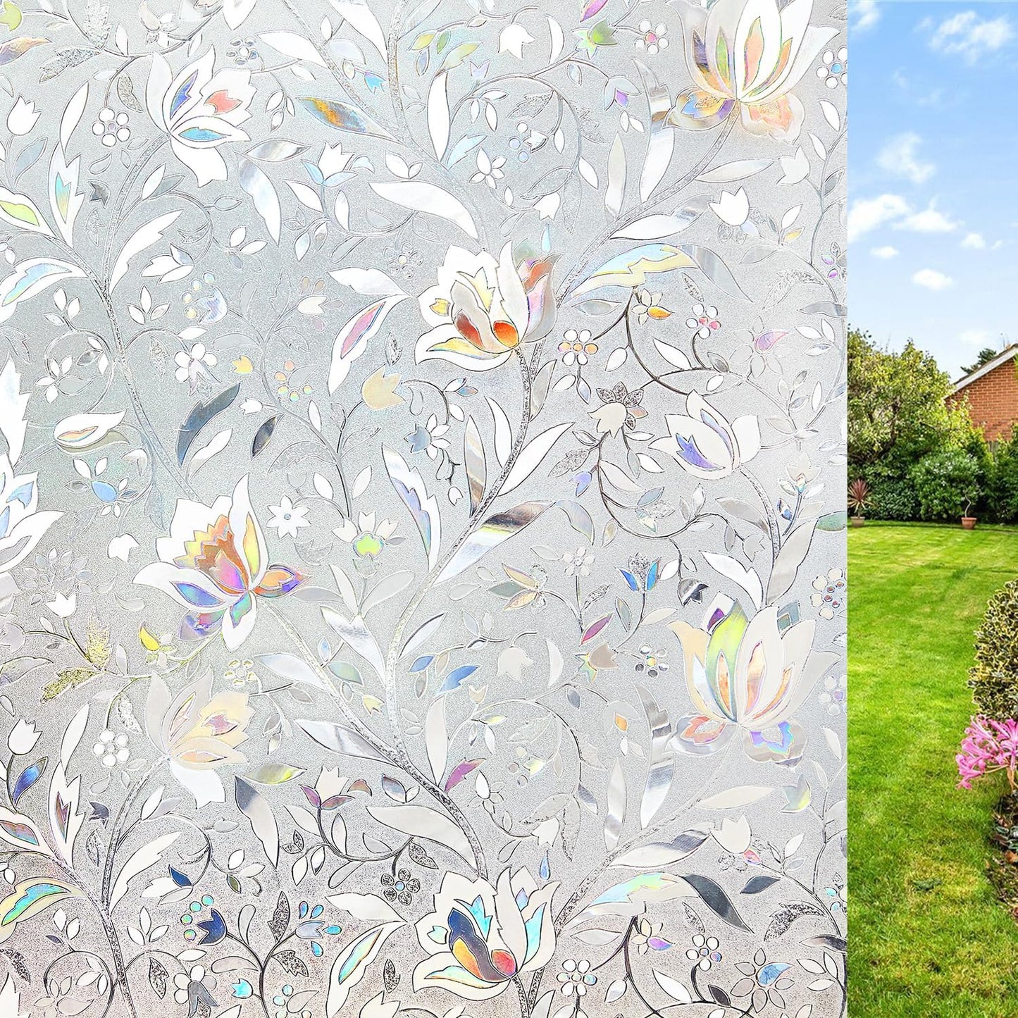 NINETREX Window Privacy Film,3D Stained Glass Window Film,Decorative Window Covering Sun Blocking Vinyl Static Cling Anti-UV Heat Control for Home Decor,Tulip 17.5 x 118.1inch